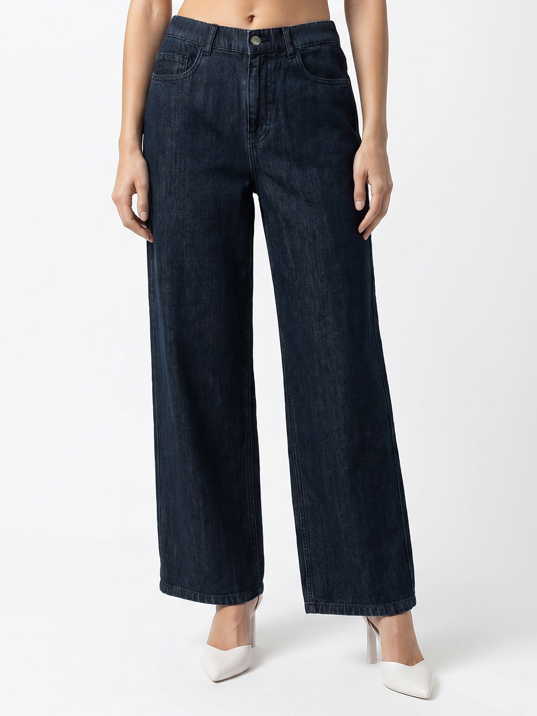 Women Dark Blue High-Rise Wide Leg Jeans