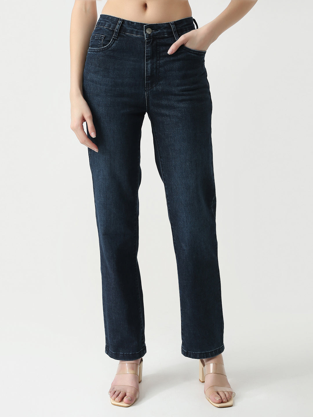 Women Dark Blue High-Rise Slim Straight Jeans