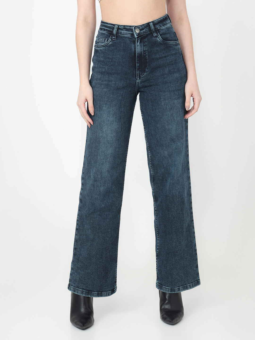 Women Slate Blue High-Rise Wide Leg Jeans