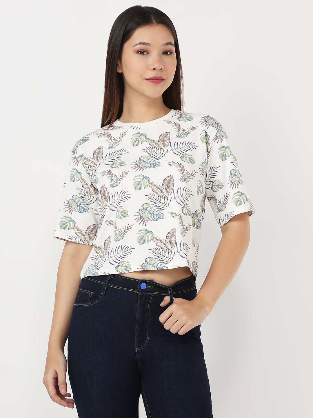 Women Ivory Slim Crop Graphic T-Shirt
