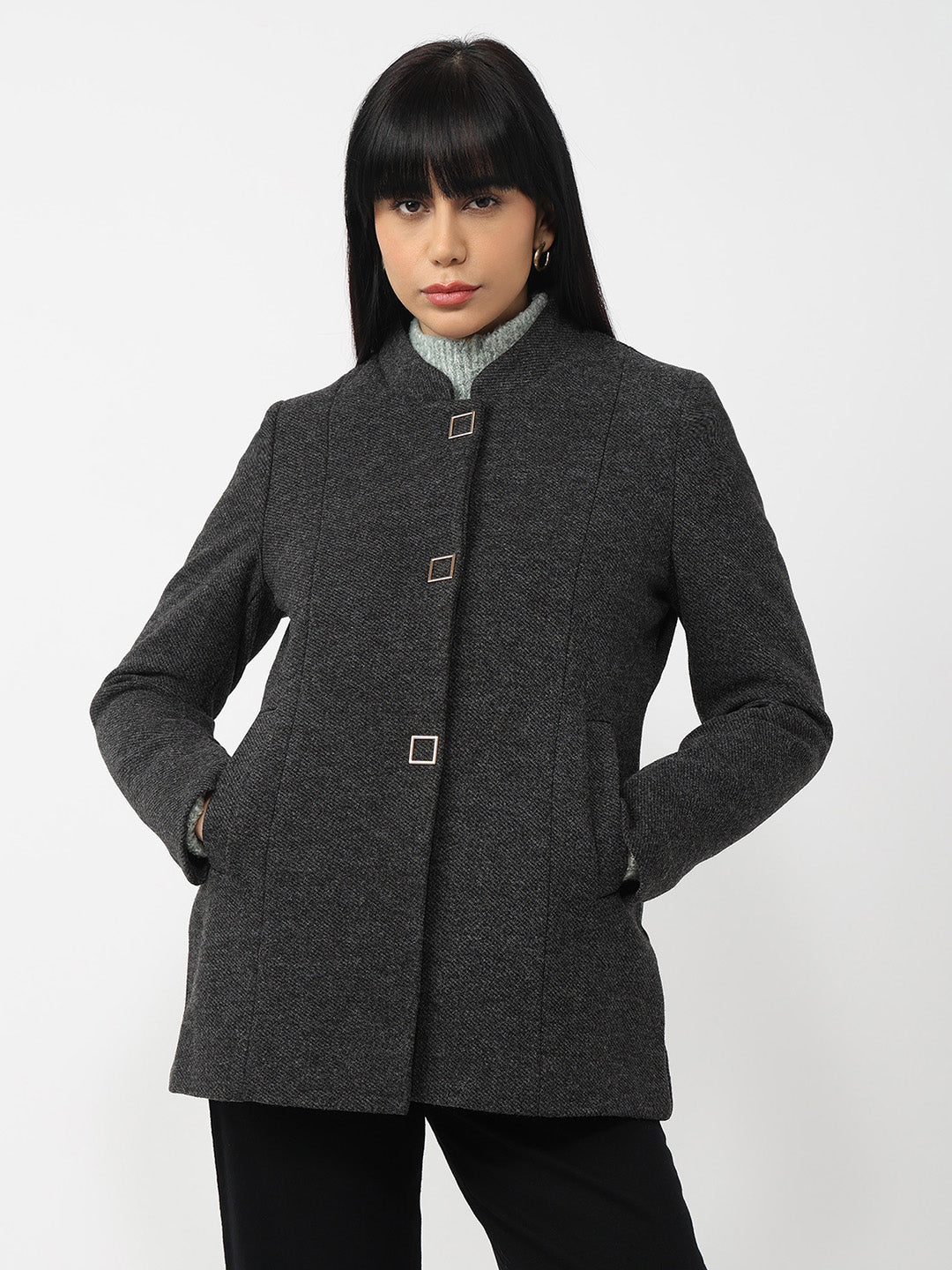Women Charcoal Slim Fit Coat