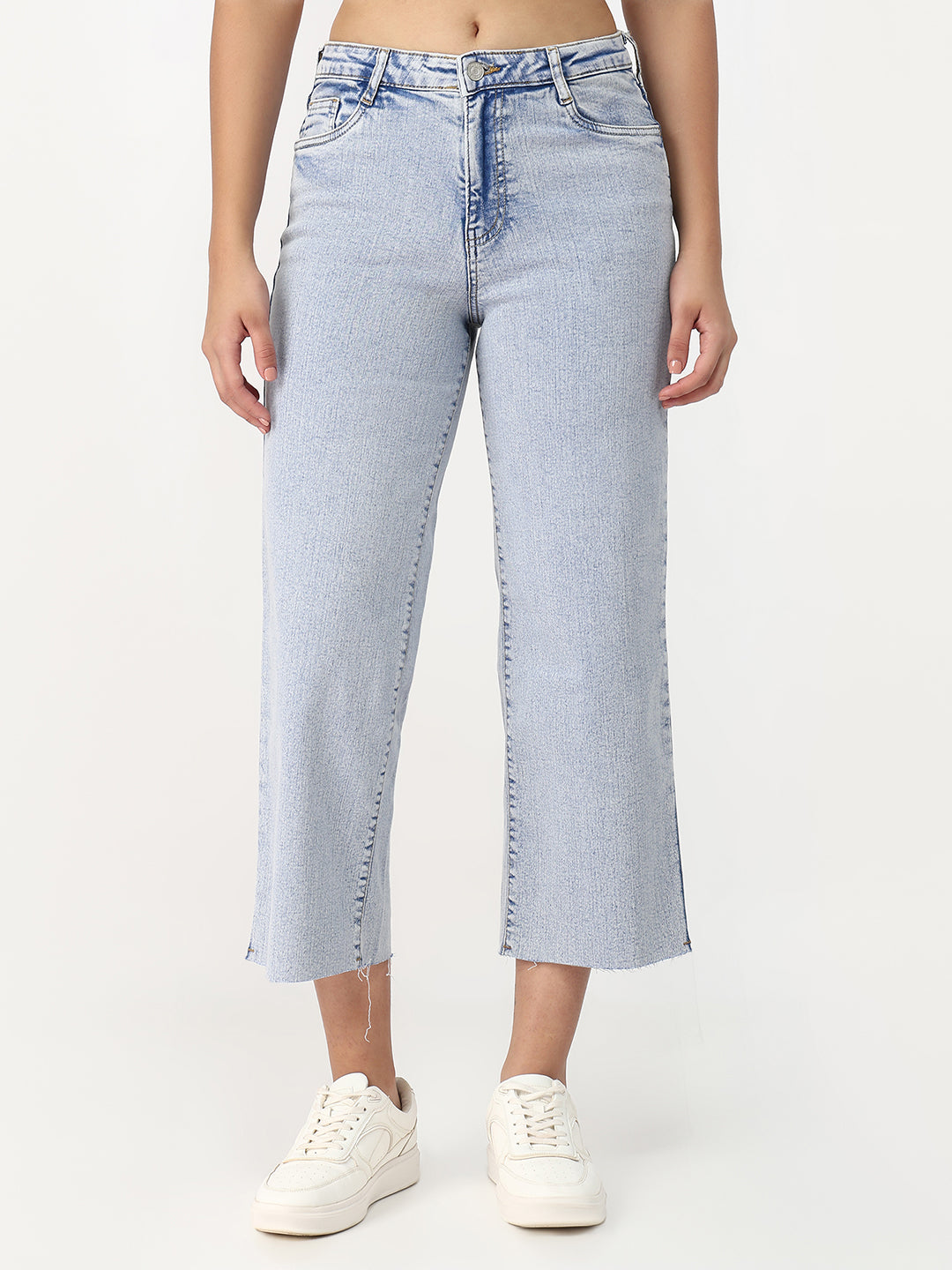 Women Light Blue Crop Wide Leg Jeans