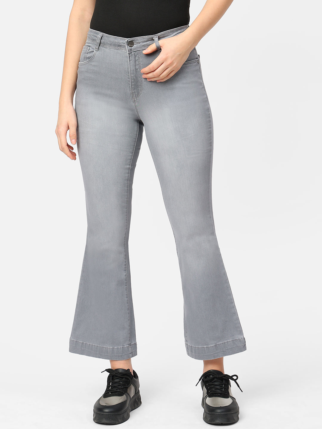 Women Grey High-Rise Flare Jeans
