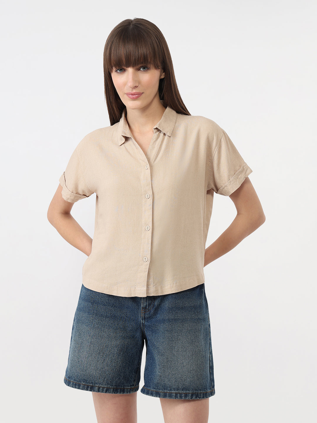 Women Oatmilk Slim Fit Crop Shirt