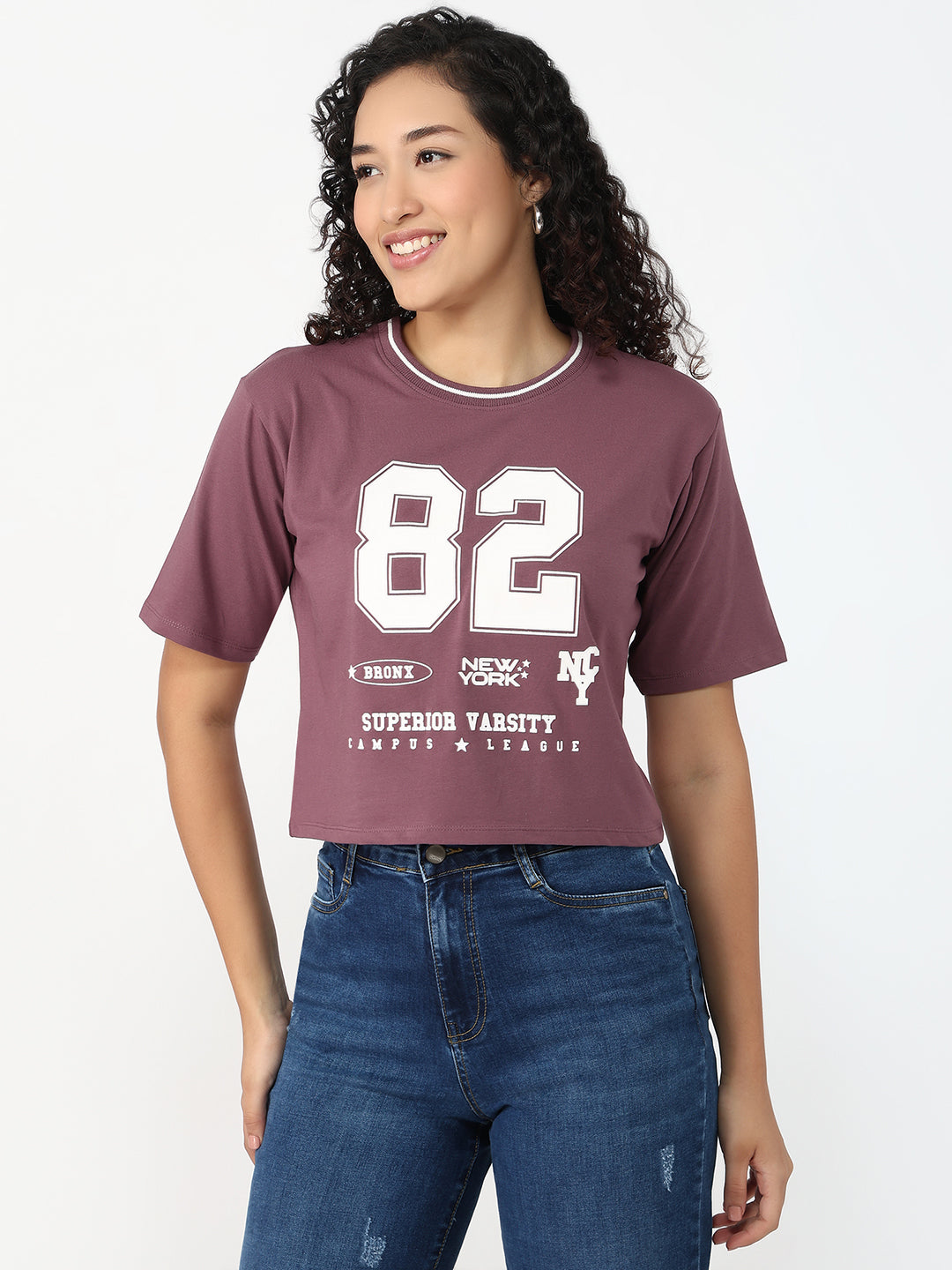 Women Mauve Slim Fit Graphic Crop T-Shirt