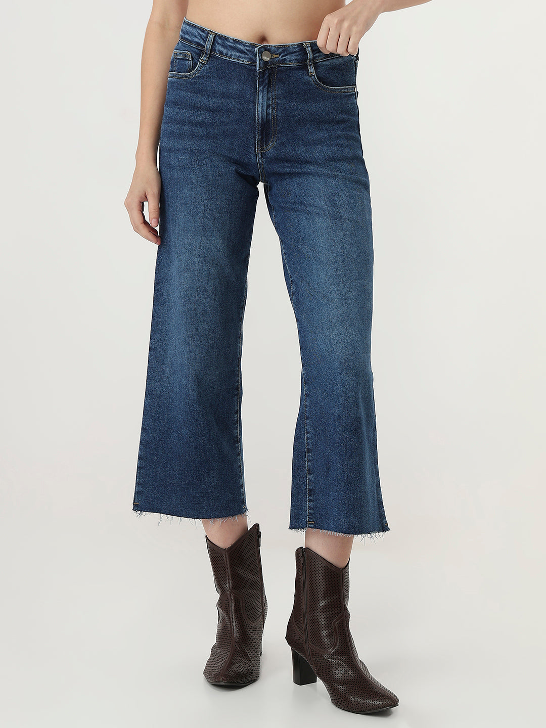 Women Blue Crop Wide Leg Jeans