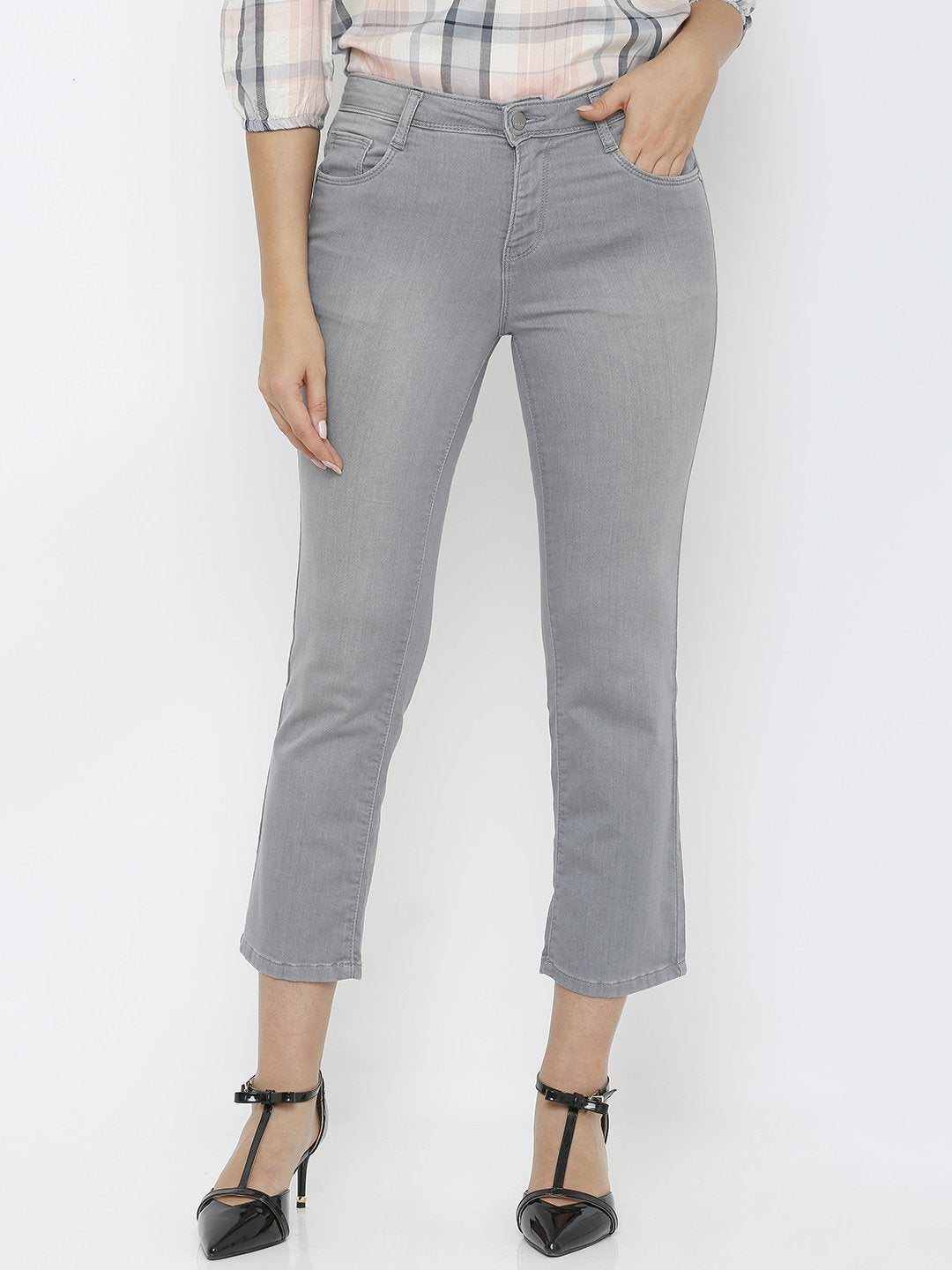 Women Grey Mid-Rise Crop Flare Jeans
