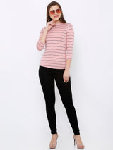 Women Blush Pink Striped Three-Quarter Sleeves T-Shirts