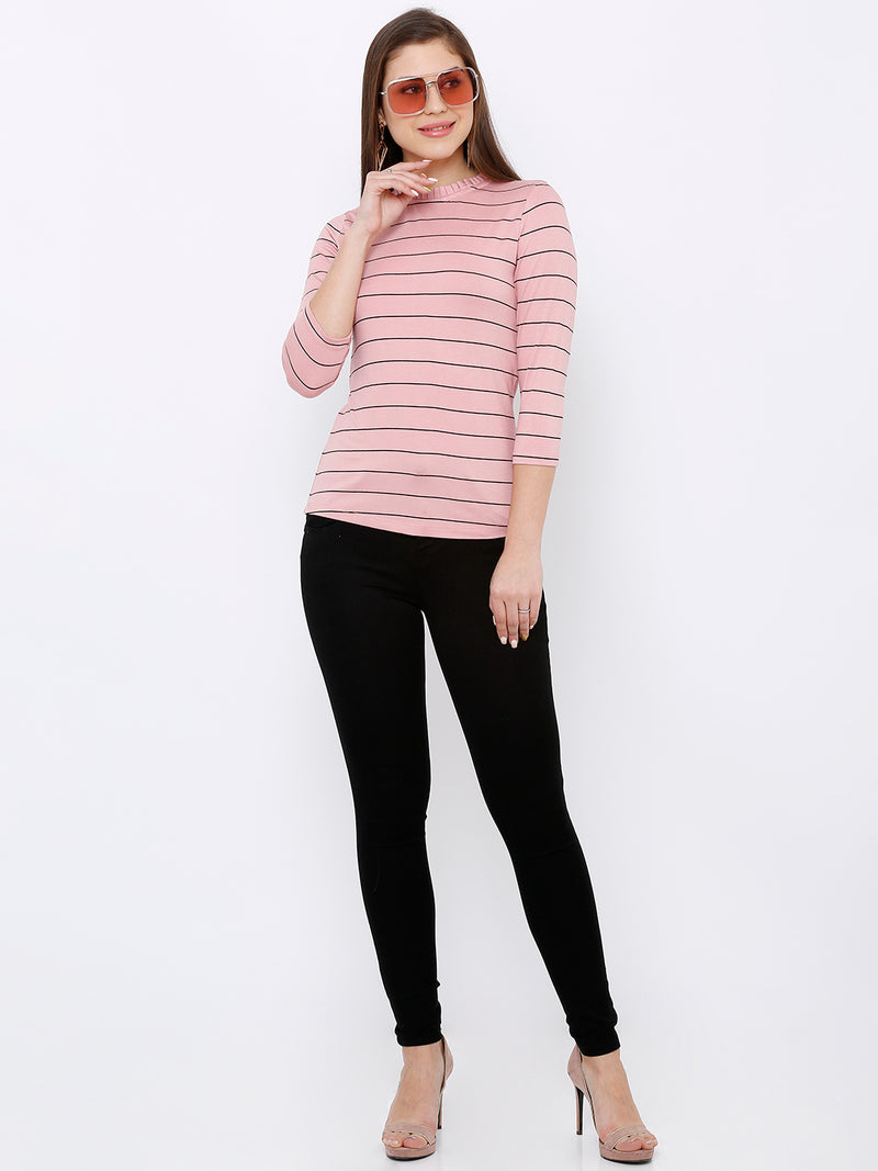 Women Blush Pink Striped Three-Quarter Sleeves T-Shirts