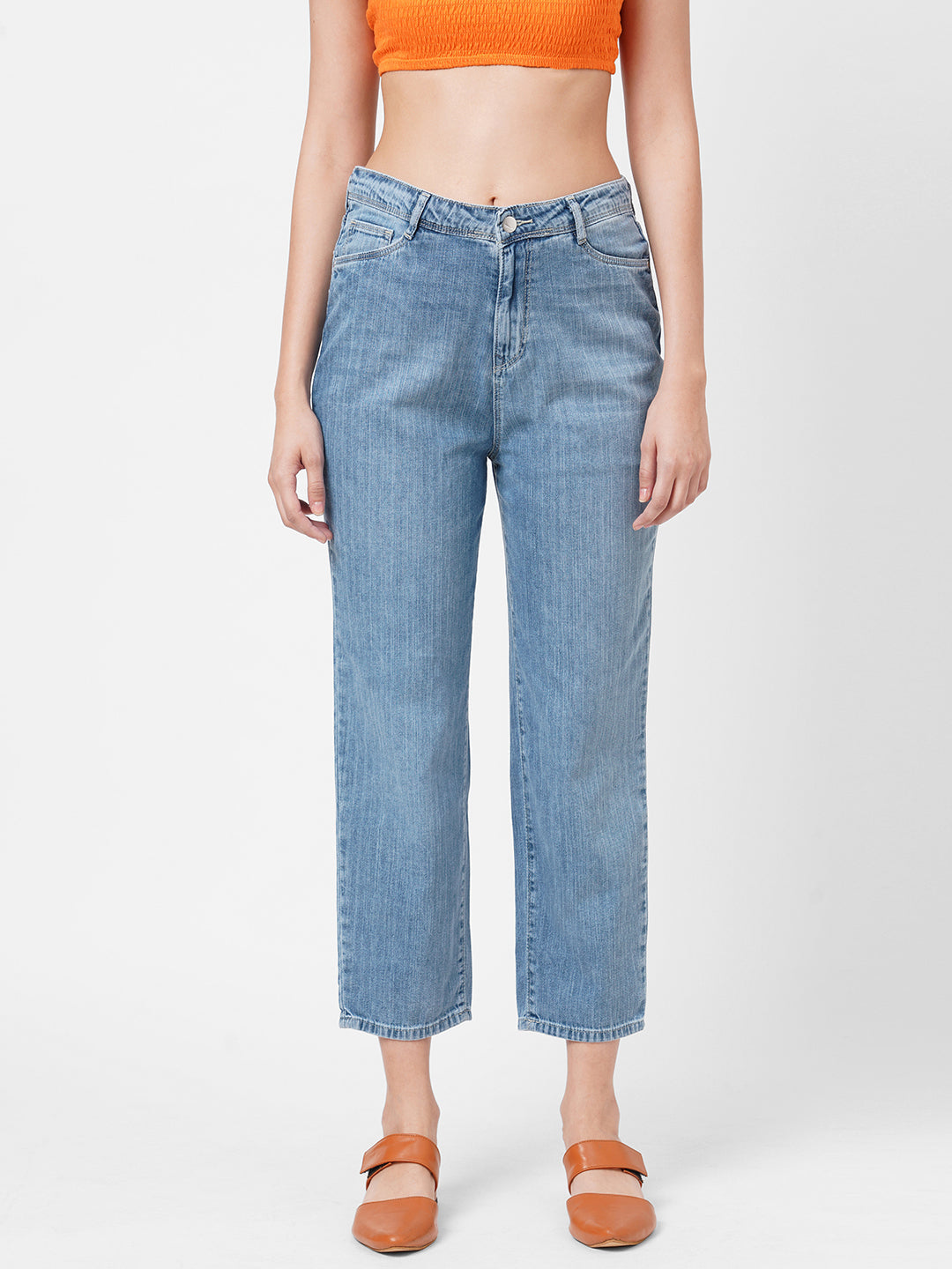 Women Light Blue High-Rise Mom Fit Jeans