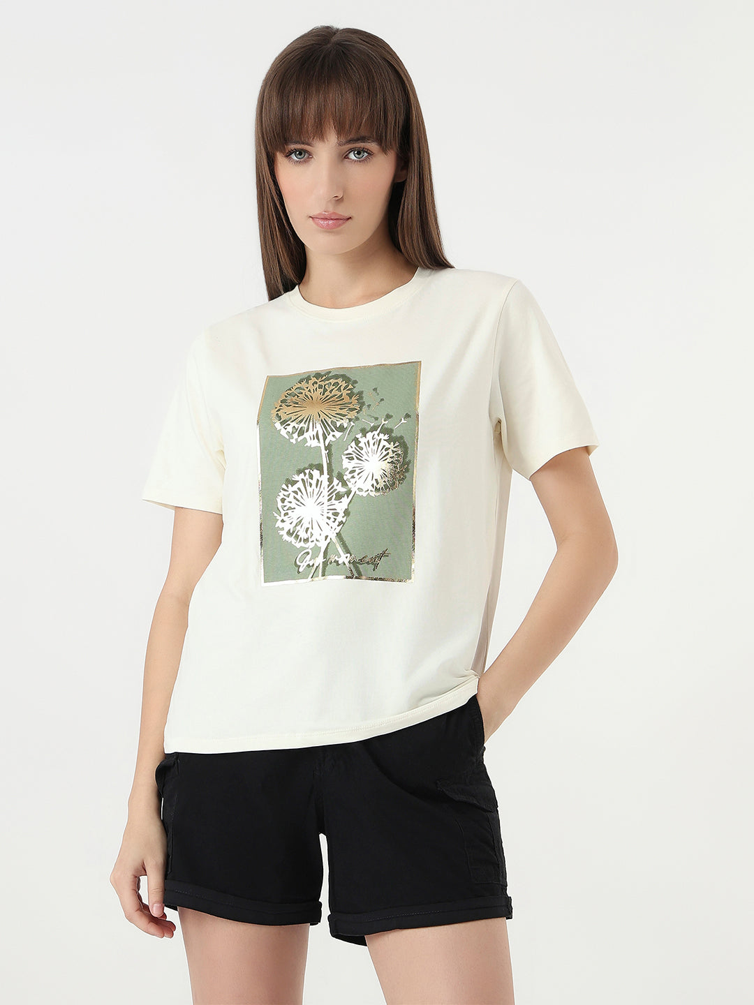 Women Ivory Slim Fit Graphic T-Shirt