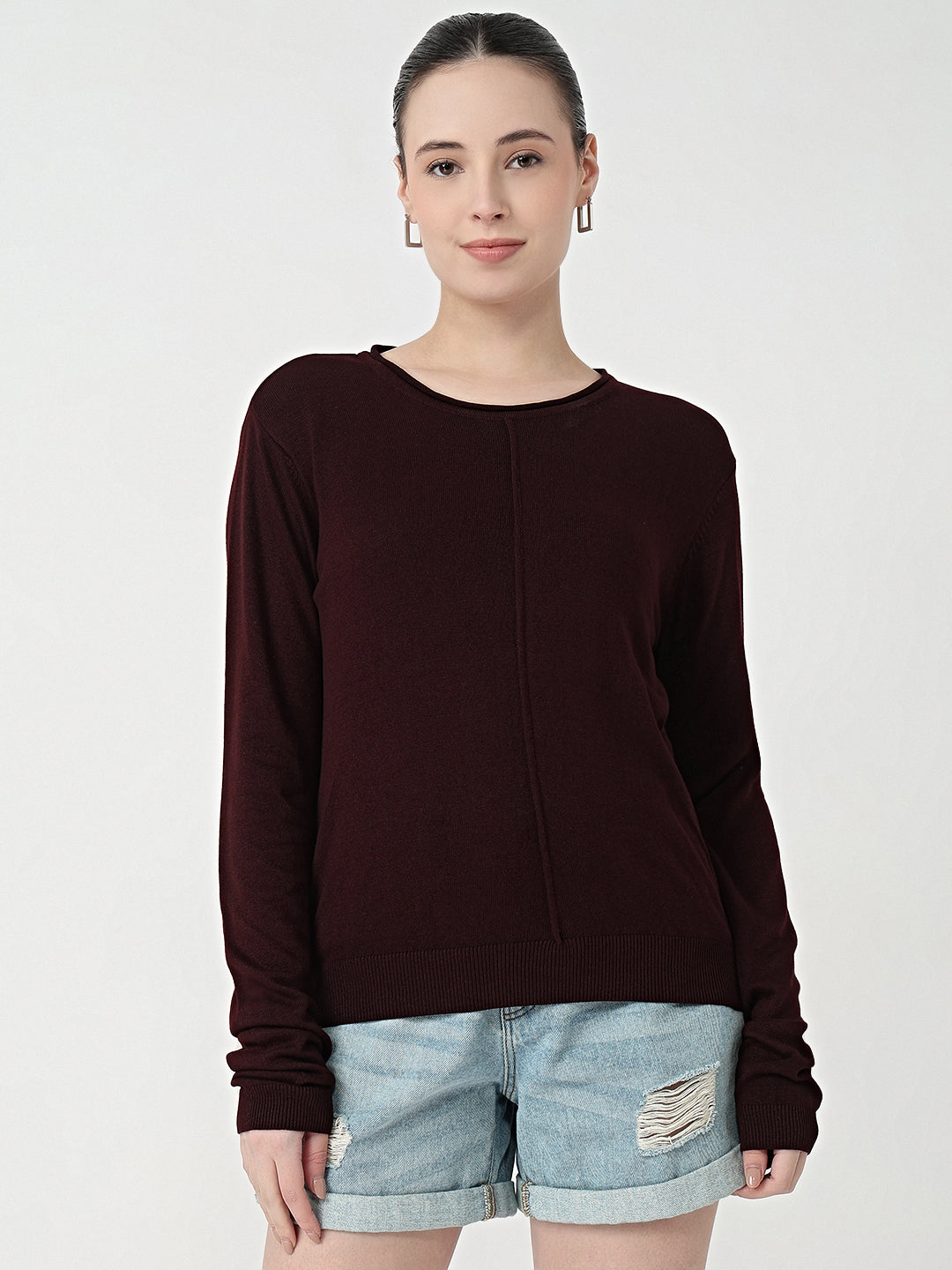 Women Wine Slim Fit Flat Knit