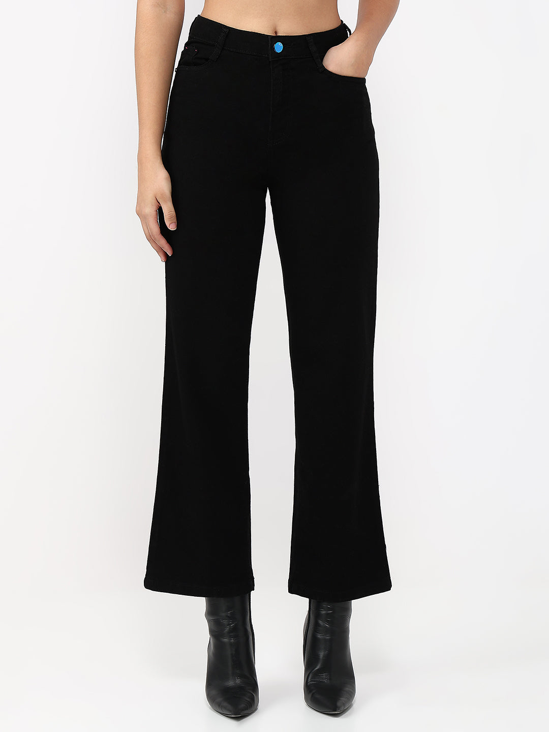 Women Black High-Rise Crop Wide Leg Jeans