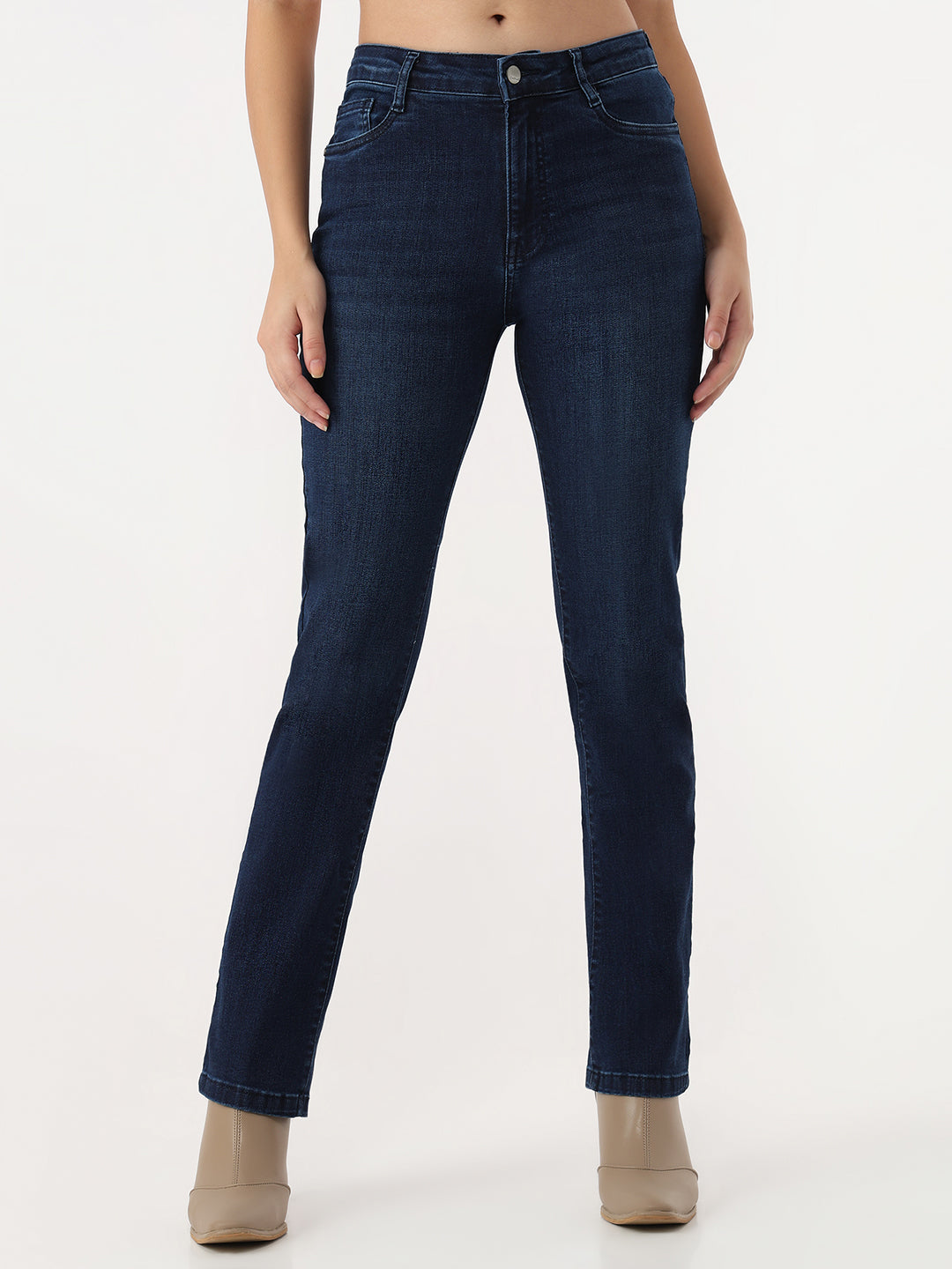 Women Dark Blue High-Rise Slim Straight Jeans