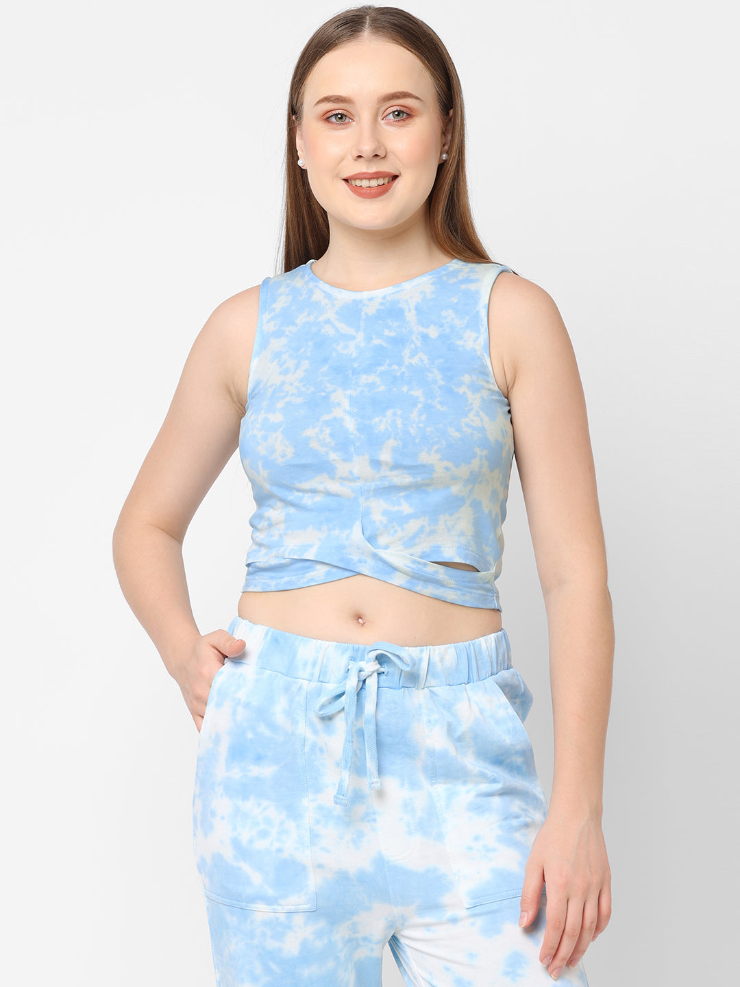 Women Blue Tie & Dye Crop Slim T-Shirt