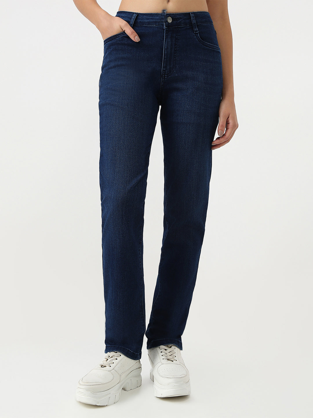 Women Dark Blue High-Rise Relaxed Straight Fit Jeans