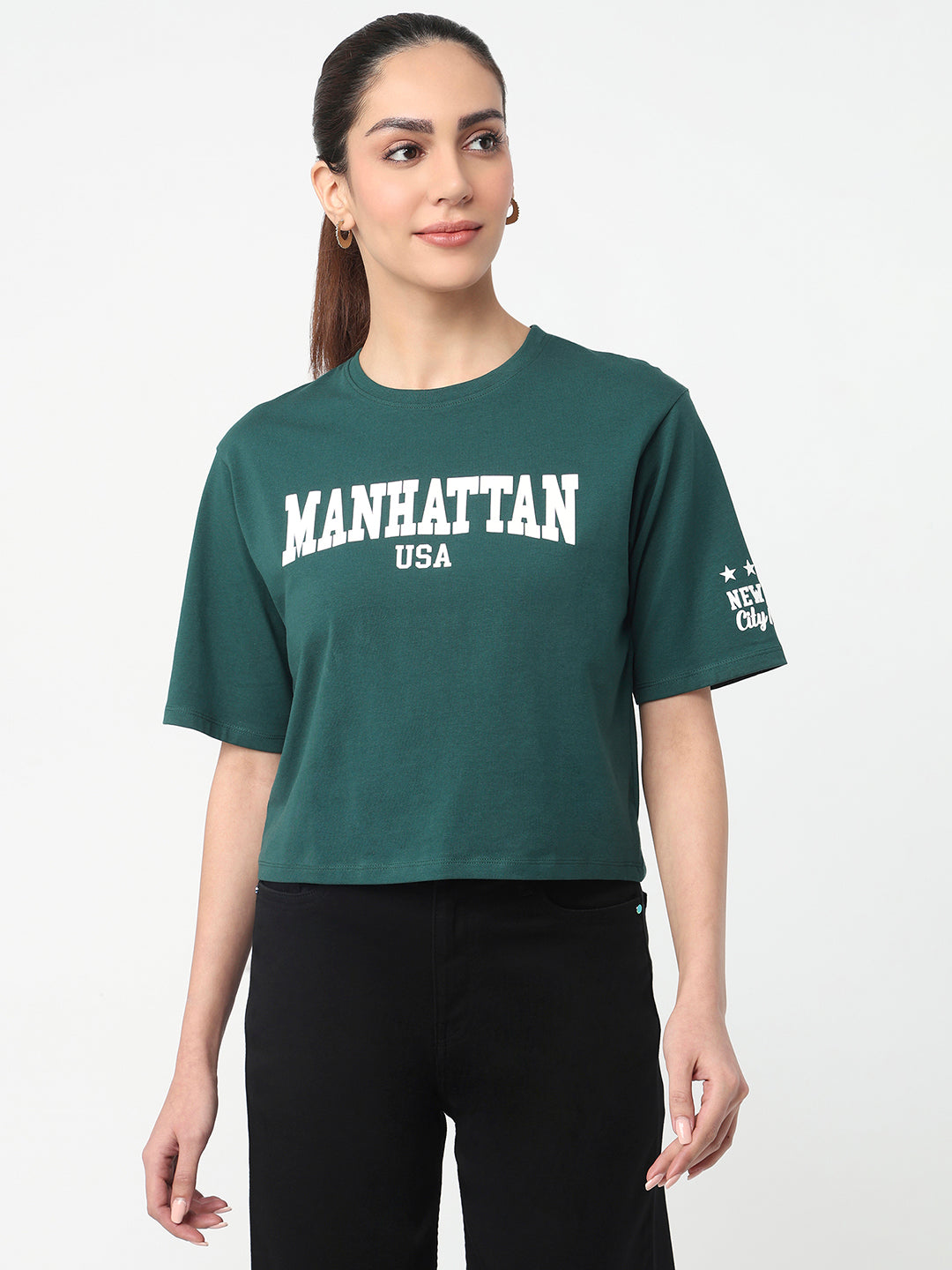 Women Bottle Green Graphic Crop Tees