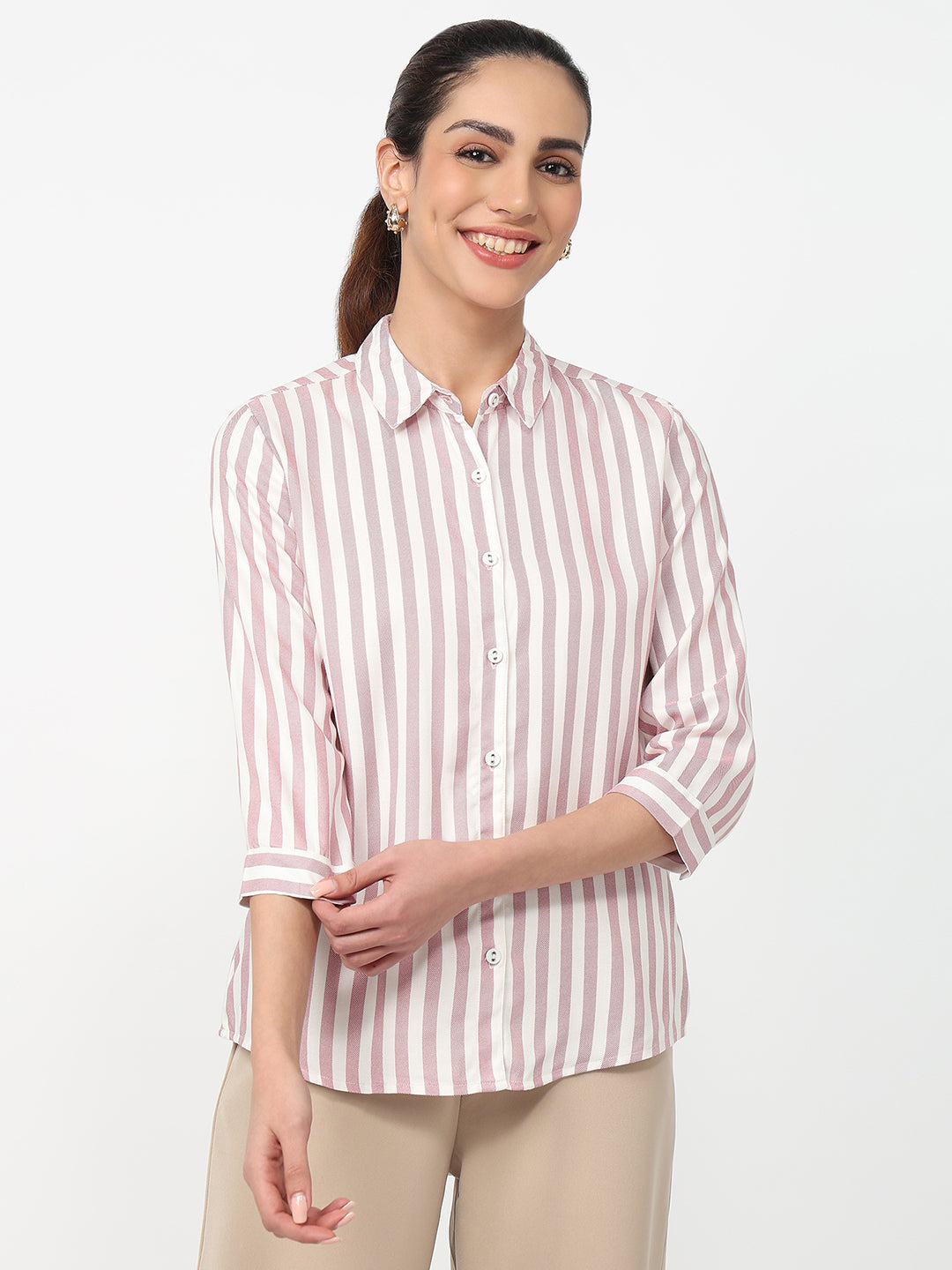 Women Dusty Pink/White Striped Shirt