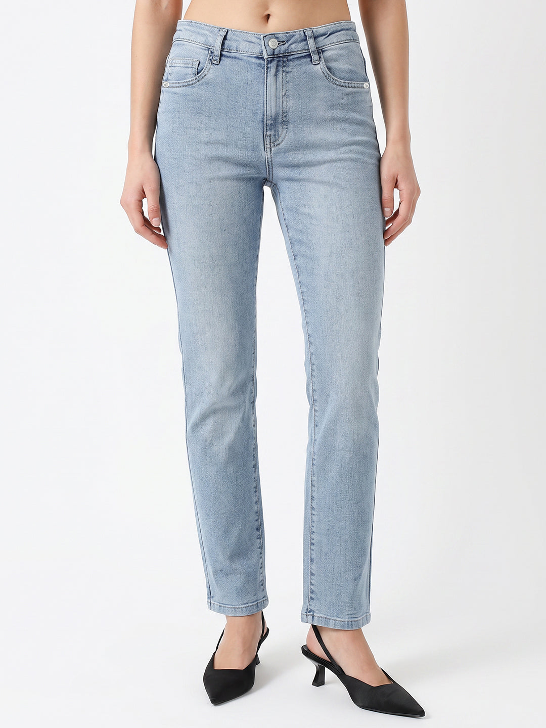 Women Light Blue High-Rise Slim Straight Fit Jeans