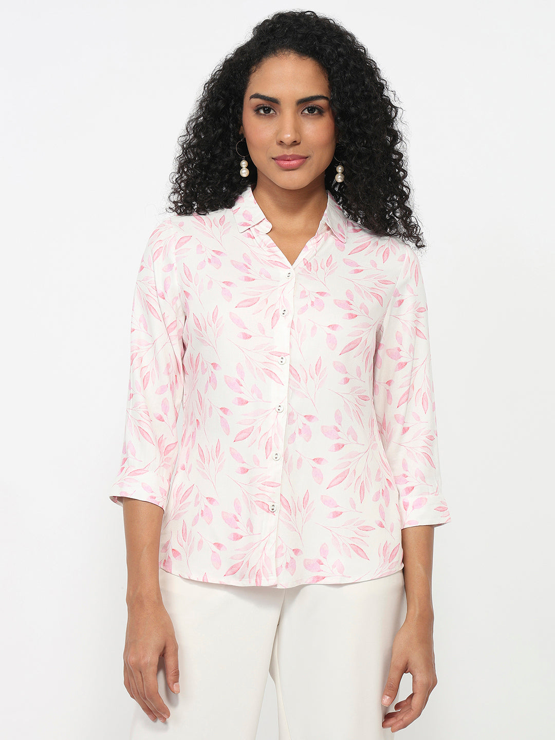 Women Pink Leaf Printed Shirt