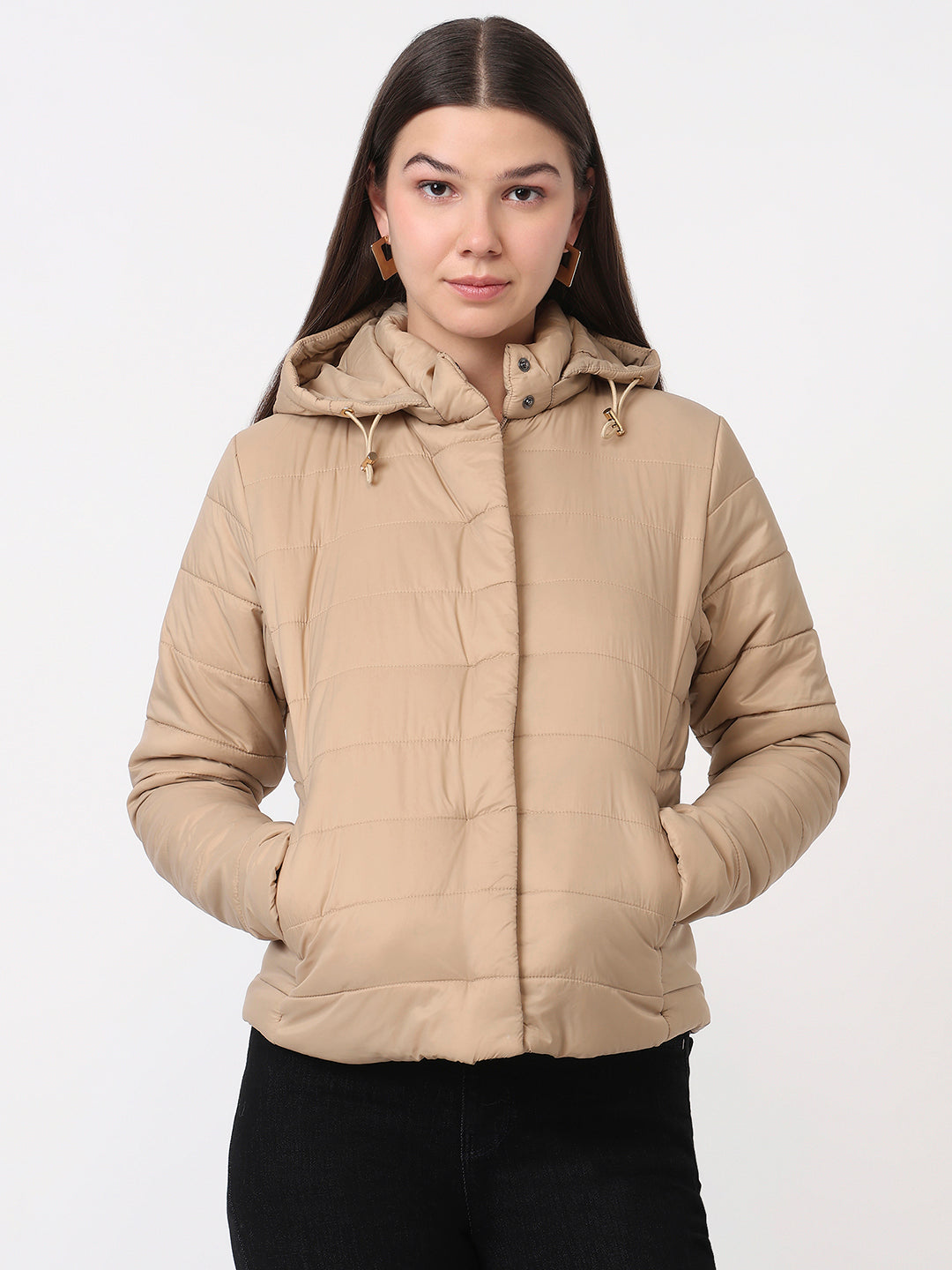 Women Beige Slim Fit Winter Jacket