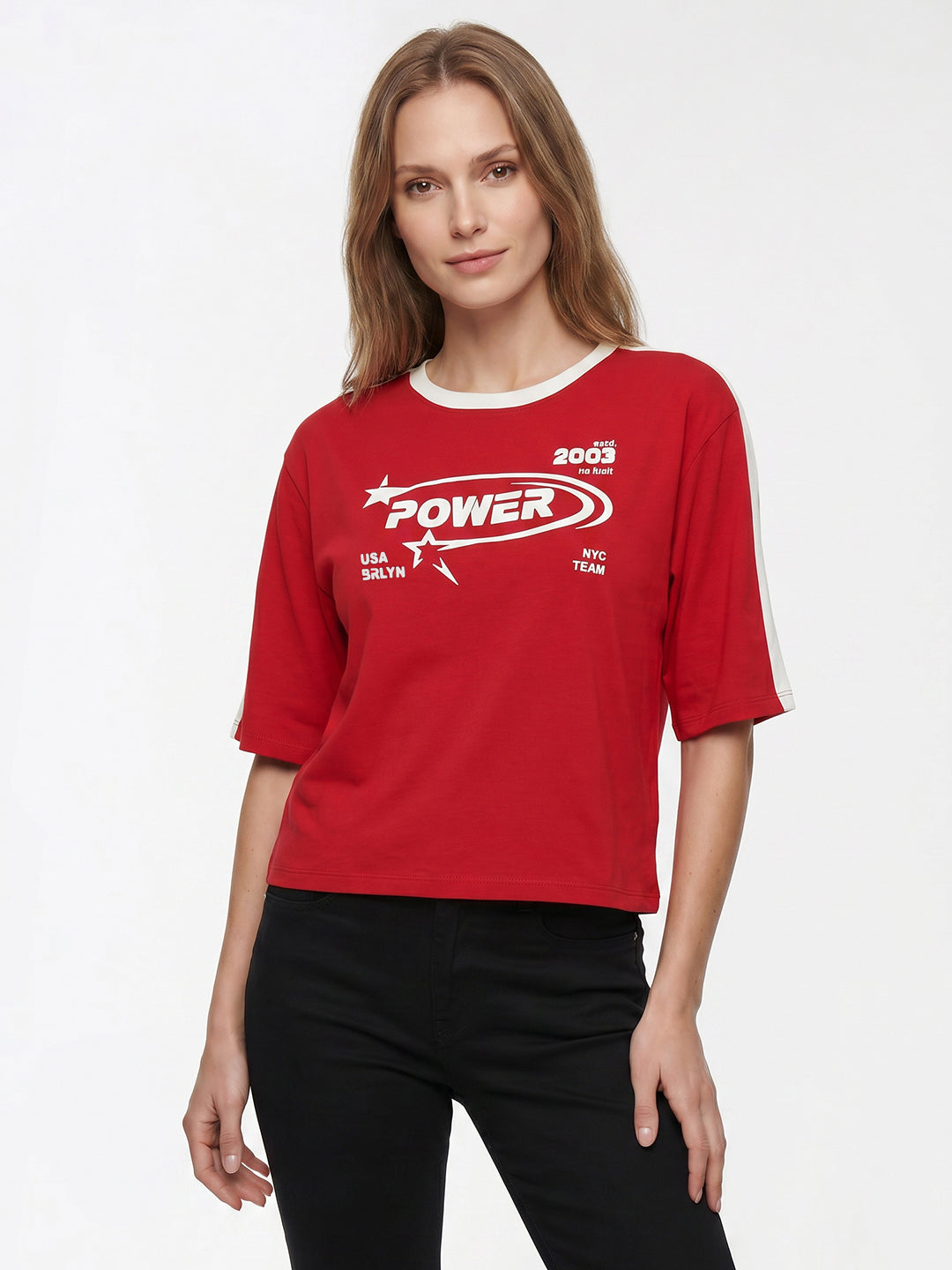 Women Red Graphic Crop Genz Tees