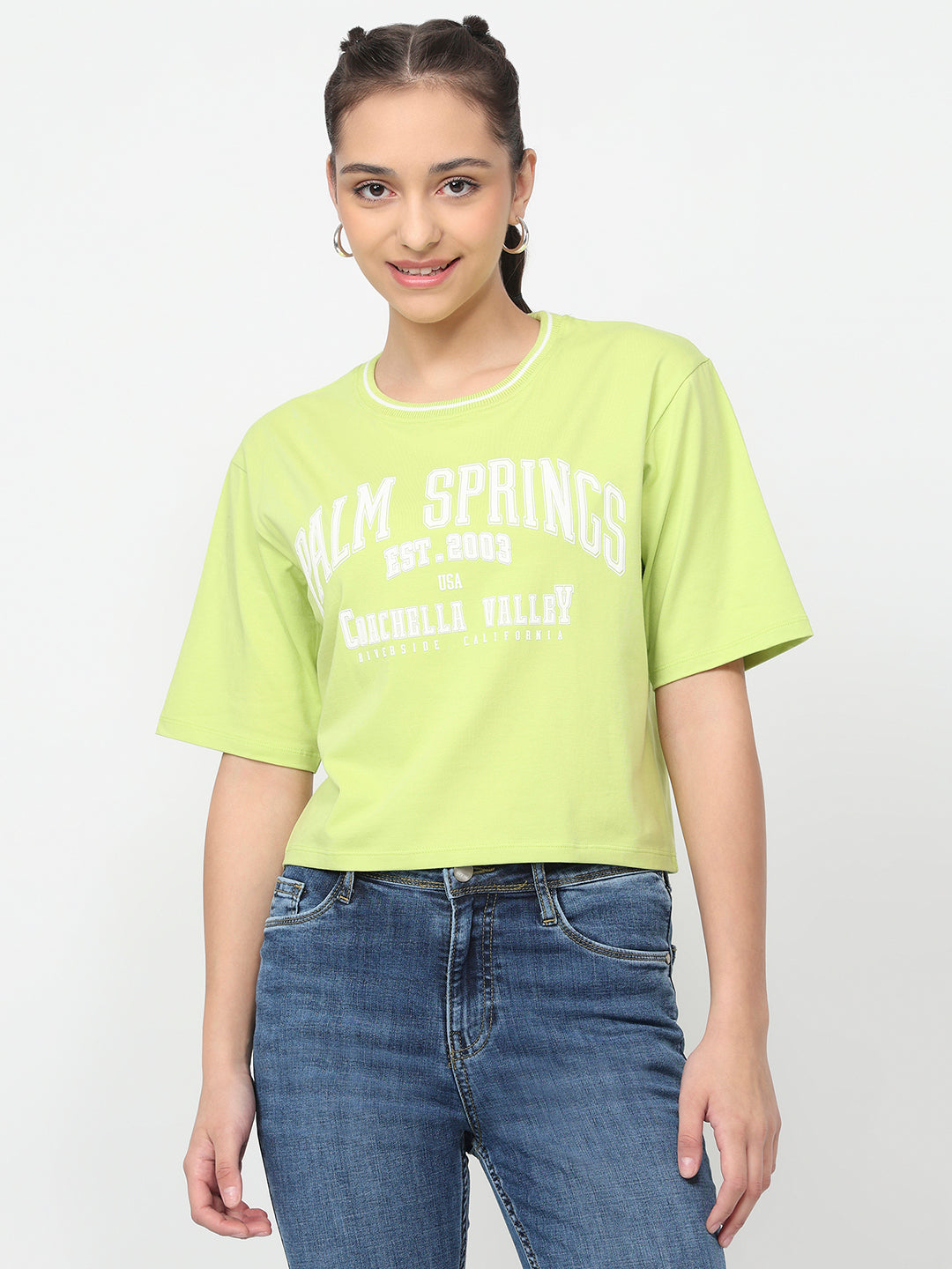 Women Lime Graphic Crop Tees