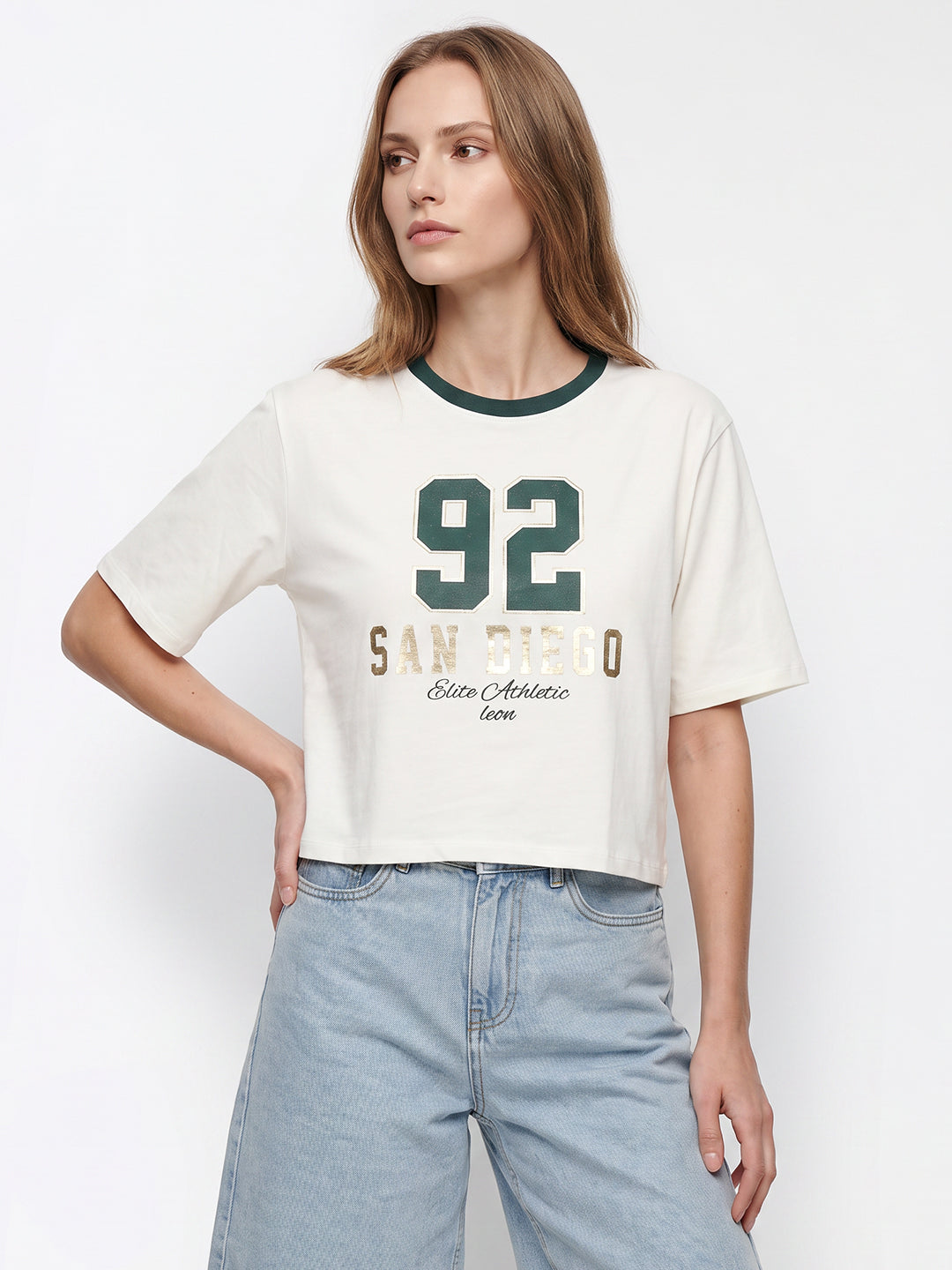 Women Off White Graphic Crop Tees
