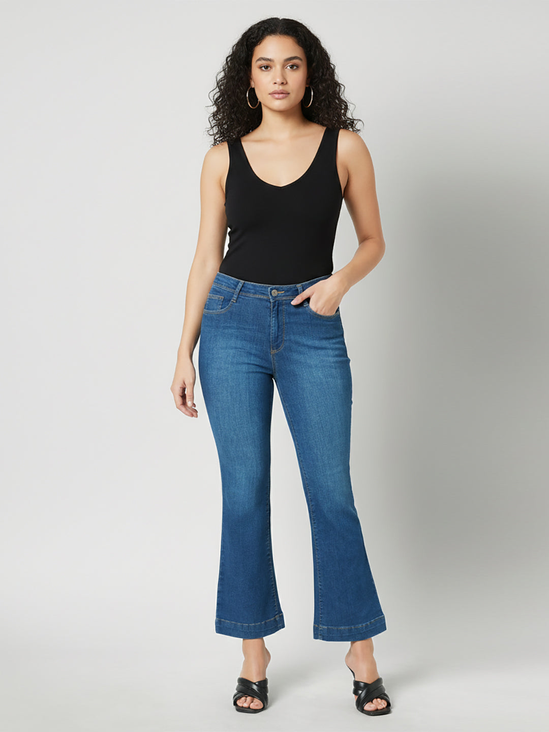 Women Navy High-Rise Mini Flare Jeans