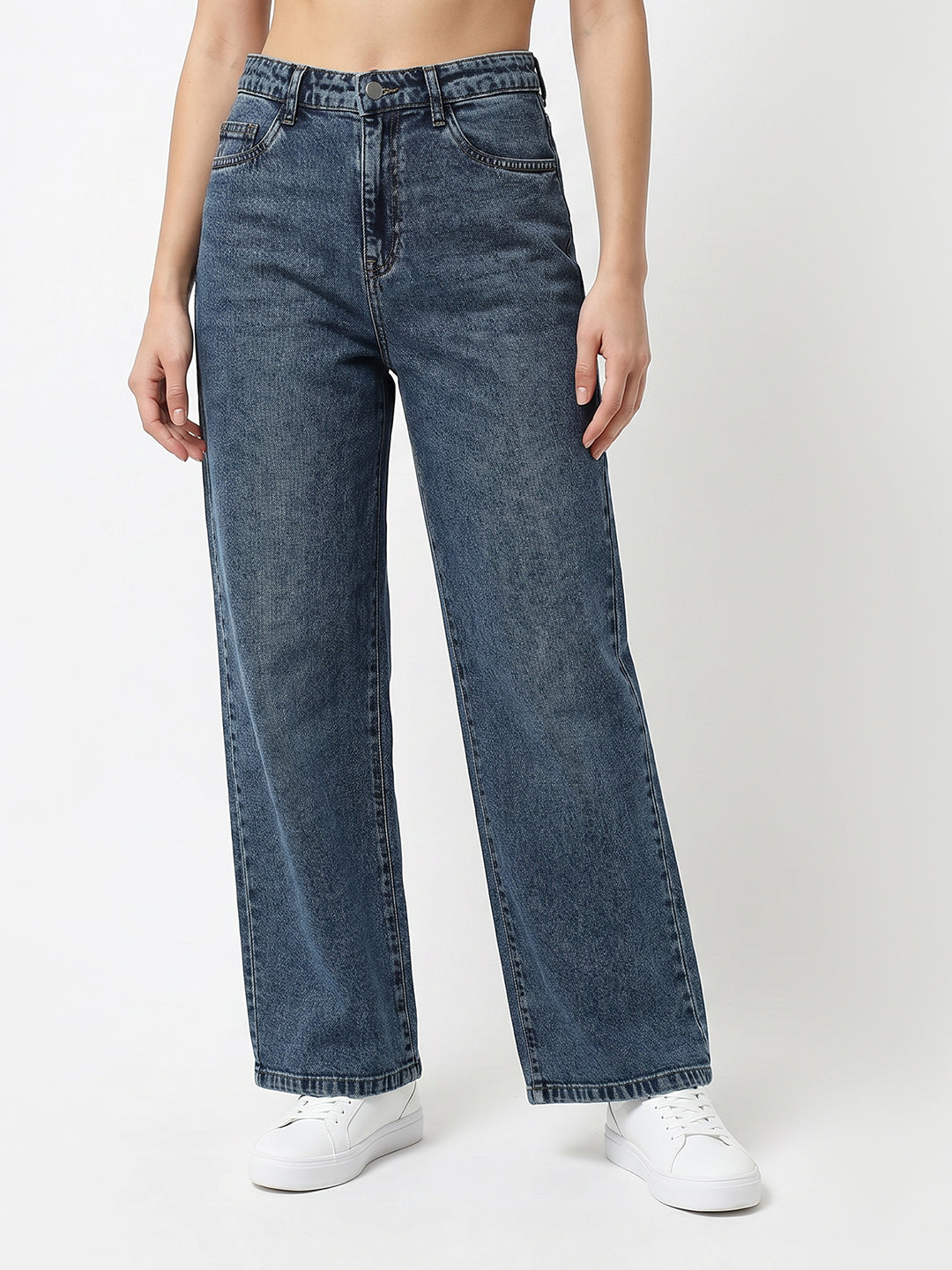 Women Blue High-Rise Crop Wide Leg Jeans