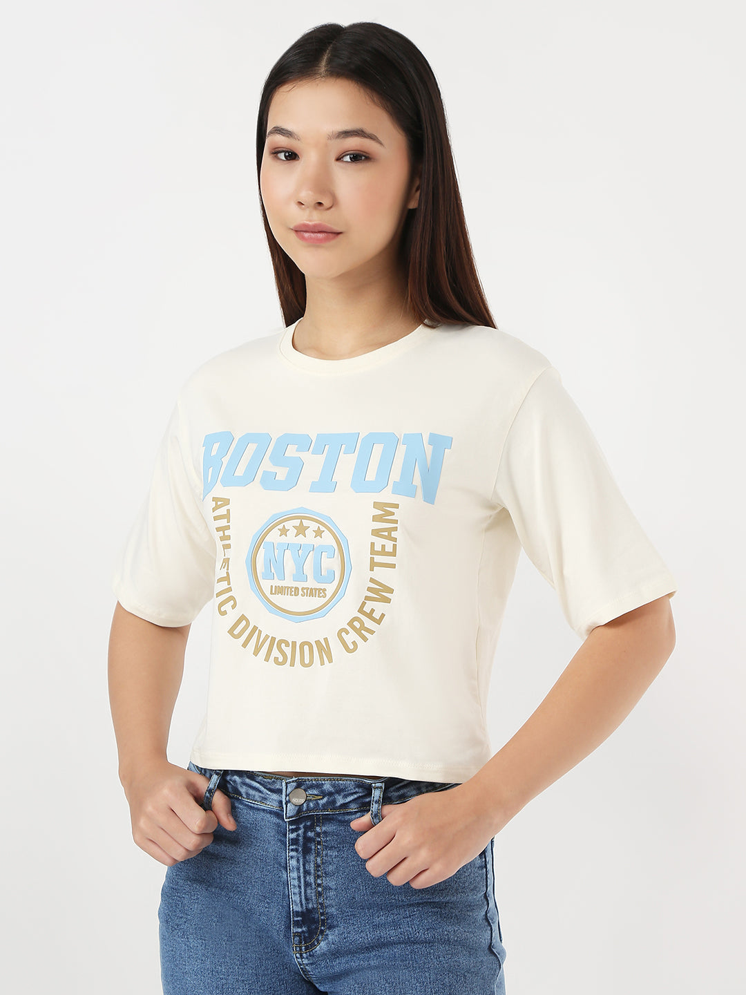 Women Ivory Slim Crop Graphic T-Shirt