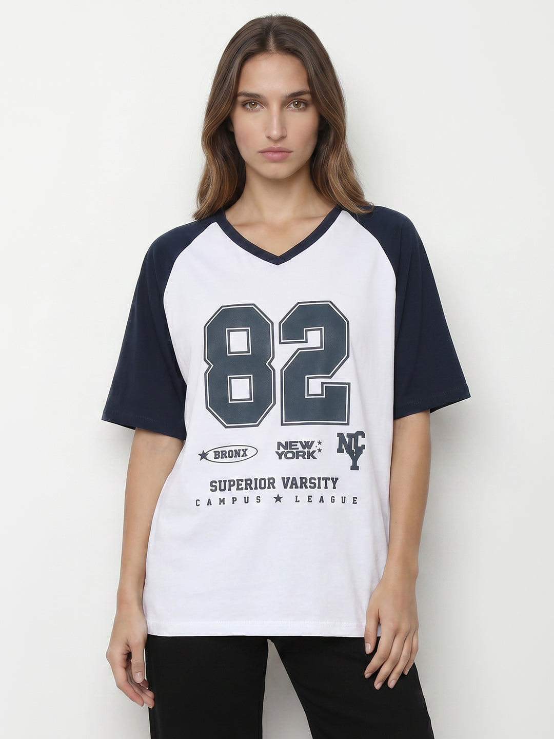 Women White/Airforce Oversized T-Shirt
