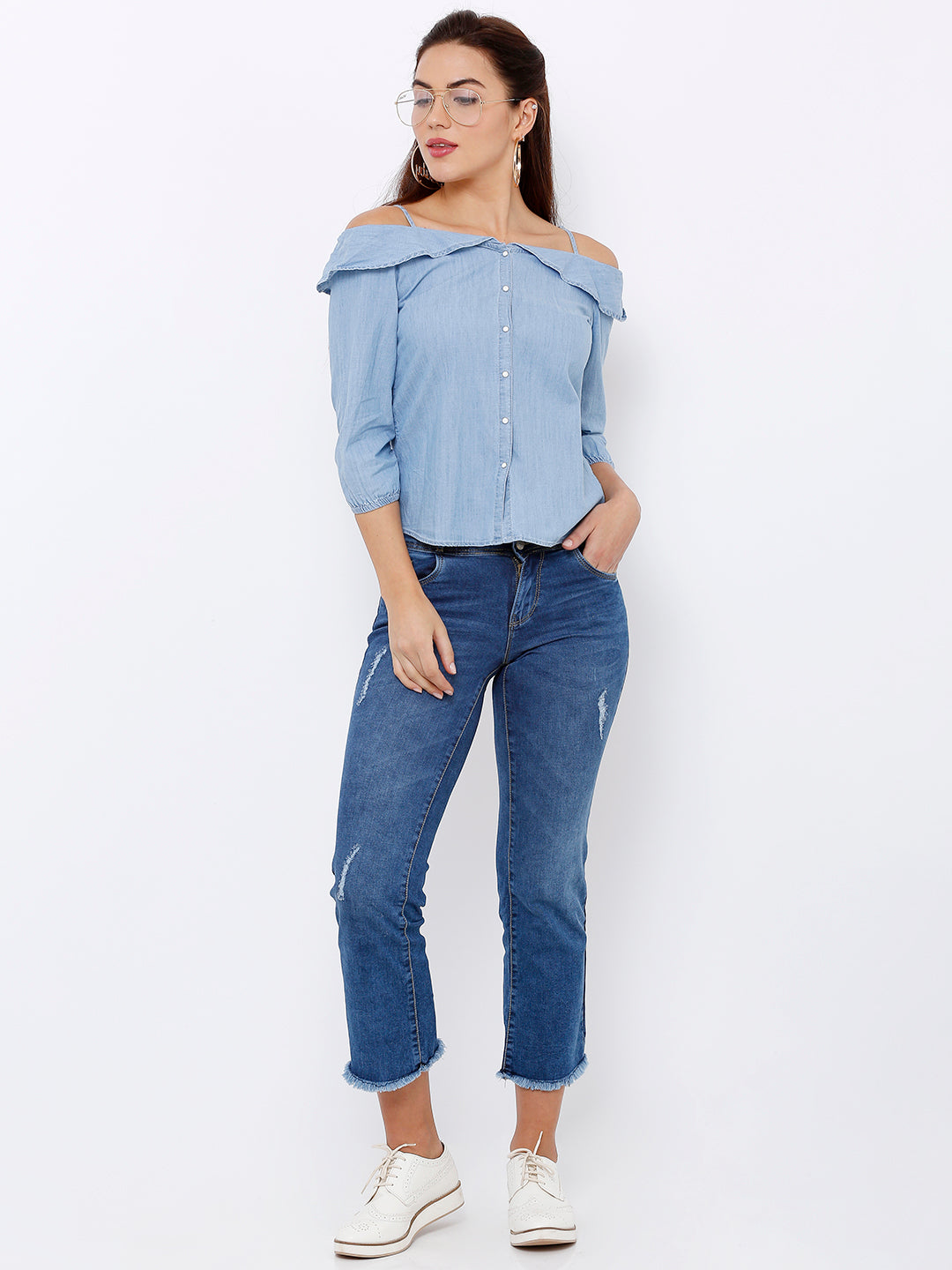 Women Light Blue Off Shoulder Shirt
