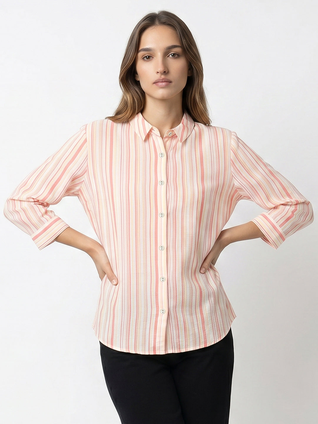 Women Peach/Yellow Striped Shirt