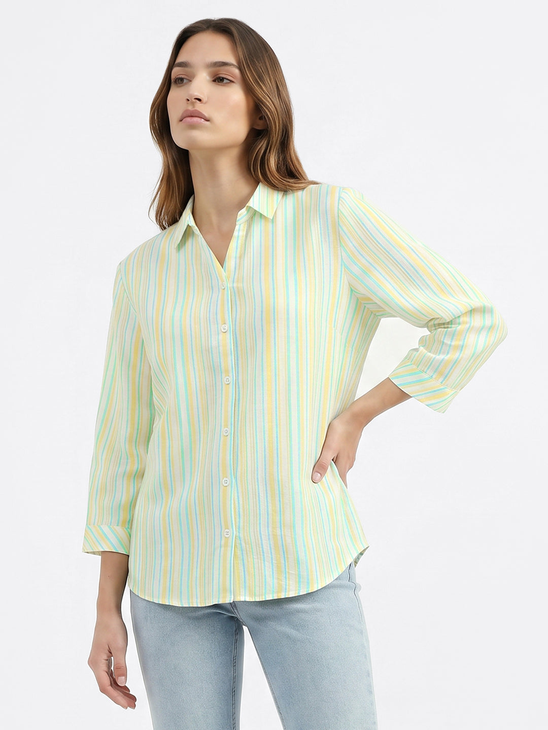 Women Yello Mint Striped Shirt
