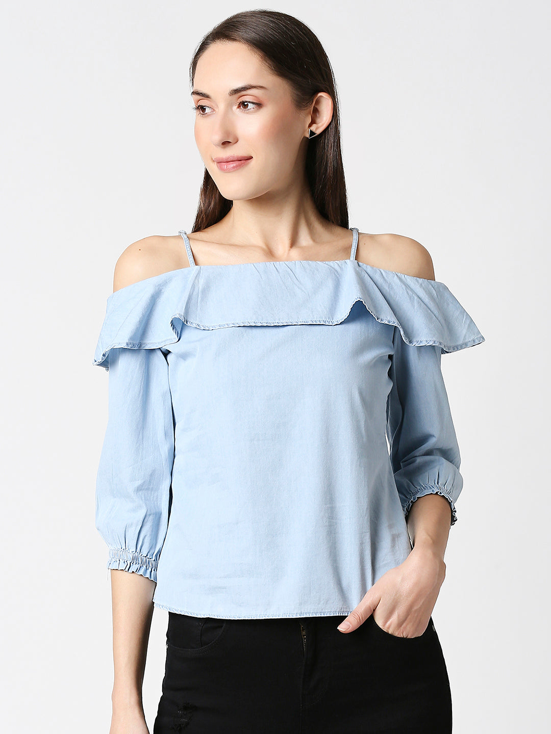 Women Light Blue Off Shoulder Top