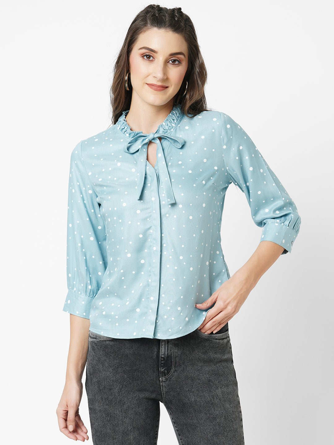 Women Mint Green Polka Dot Shirt Top