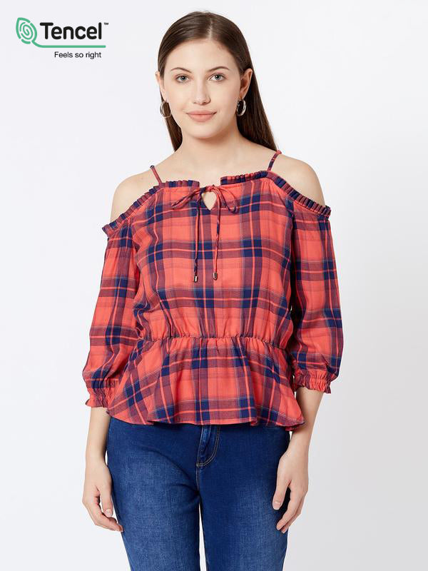 Women Checked Strappy Cold-Shoulder Peplum Top