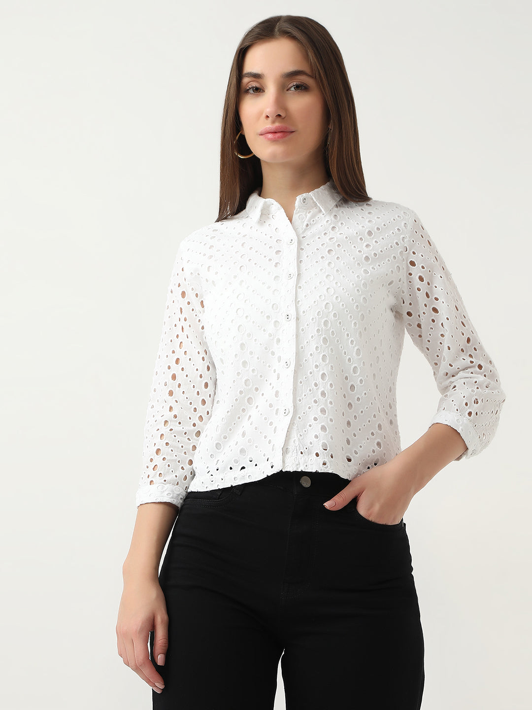 Women Bleach White Crop Schiffli Shirt