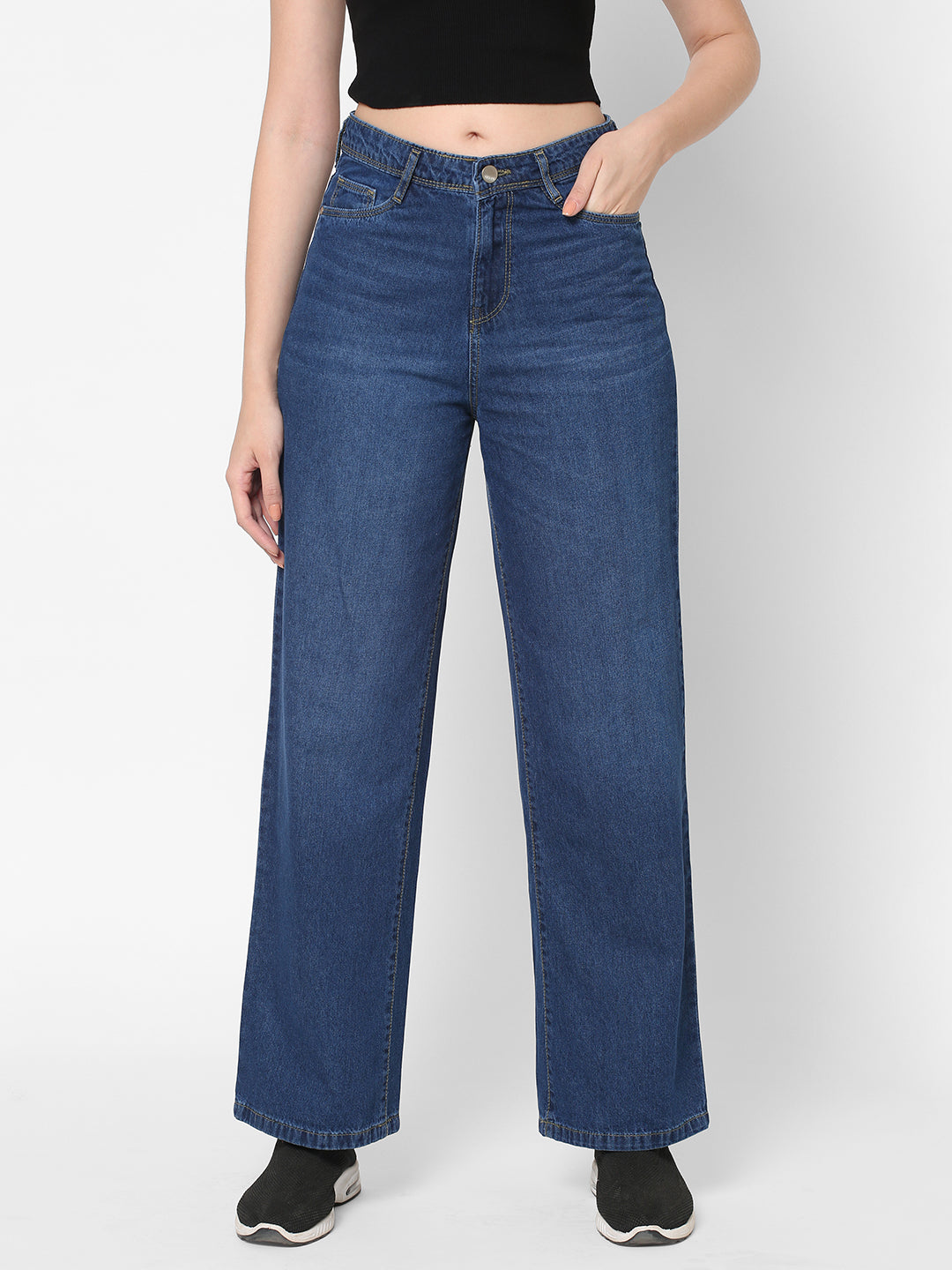 Women Blue High-Rise Parallel Wide Leg Jeans