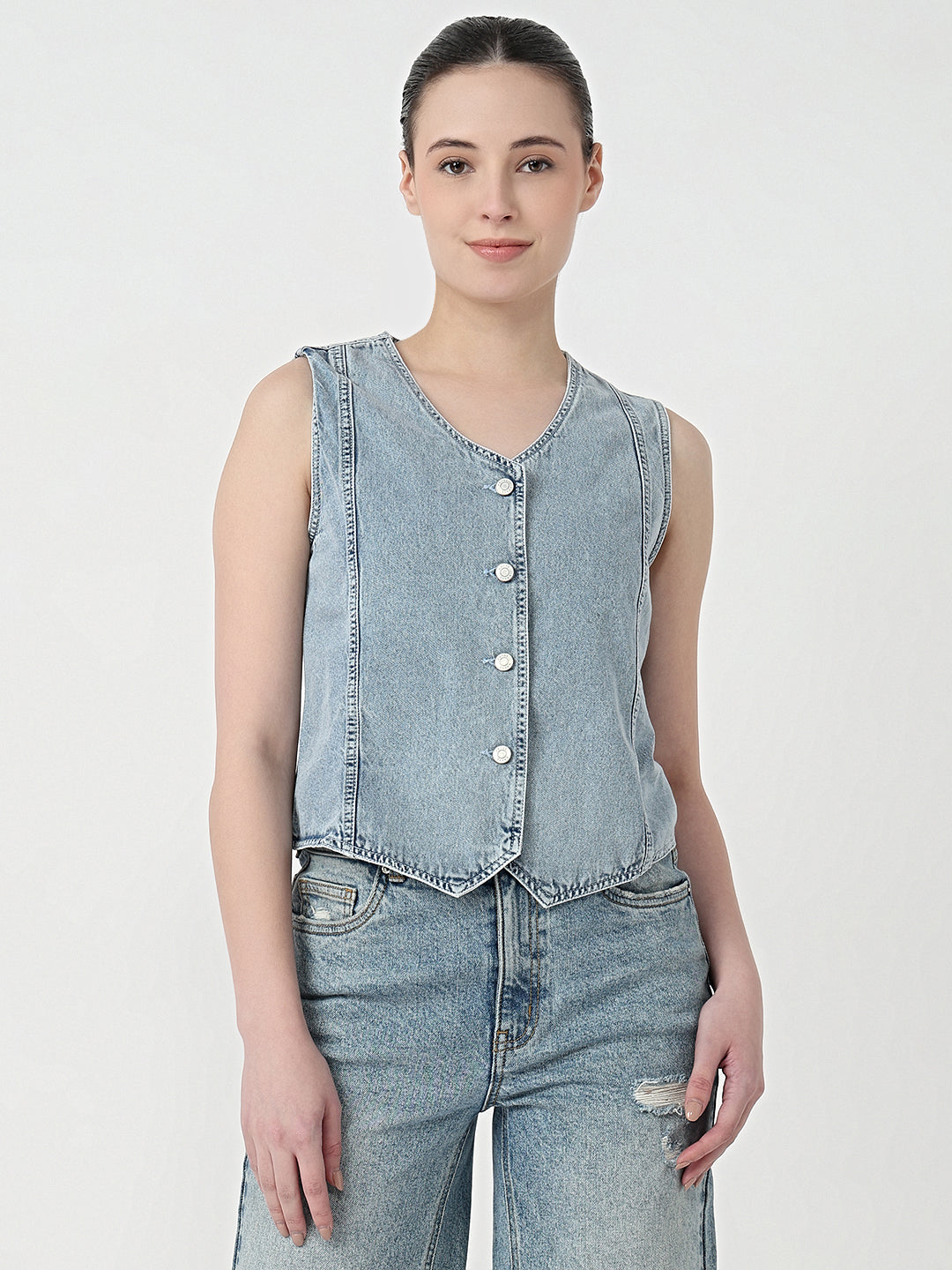 Women Light Blue Slim Fit Vest