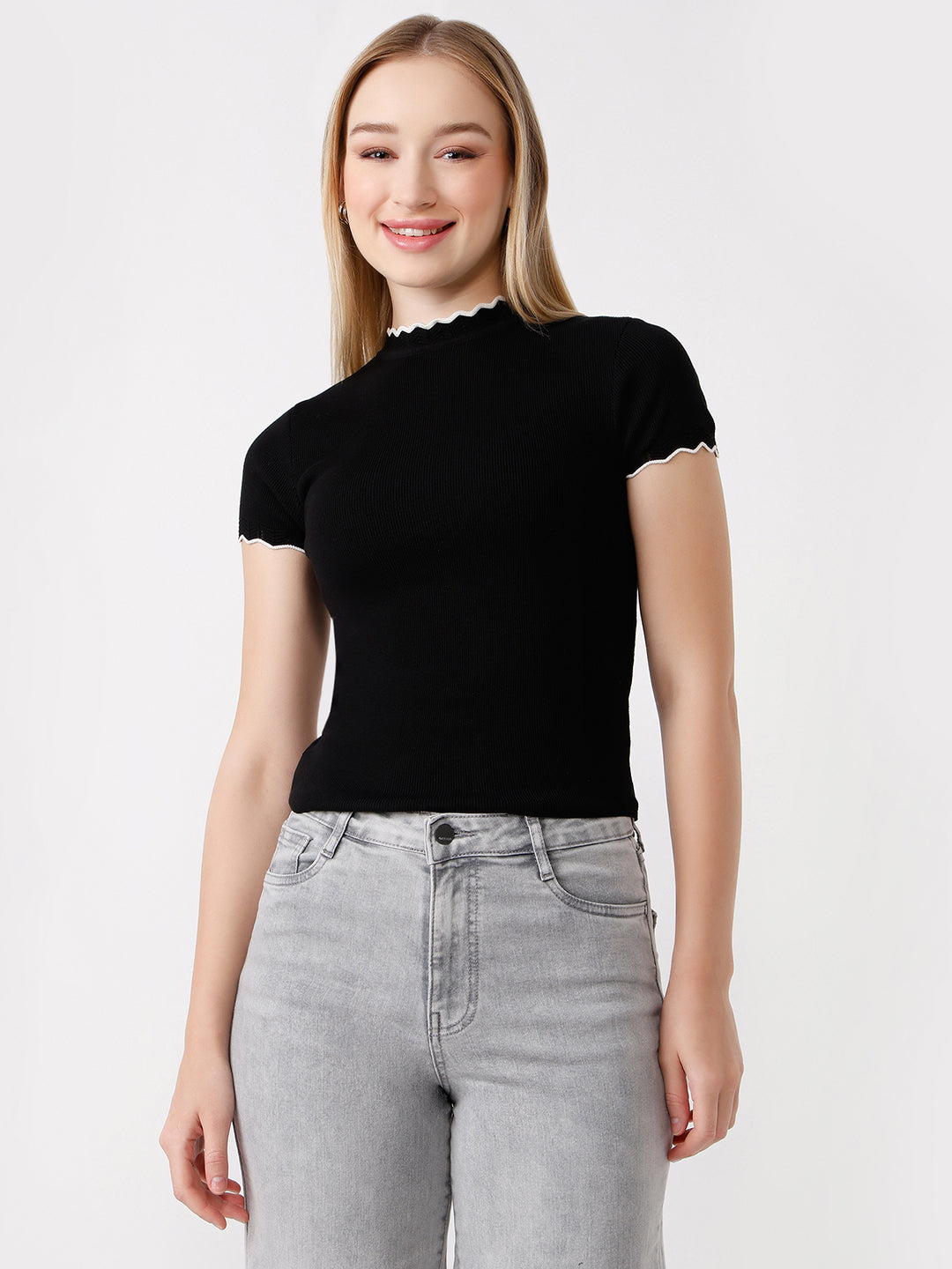 Women Slim Fit Black Flat Knit Top