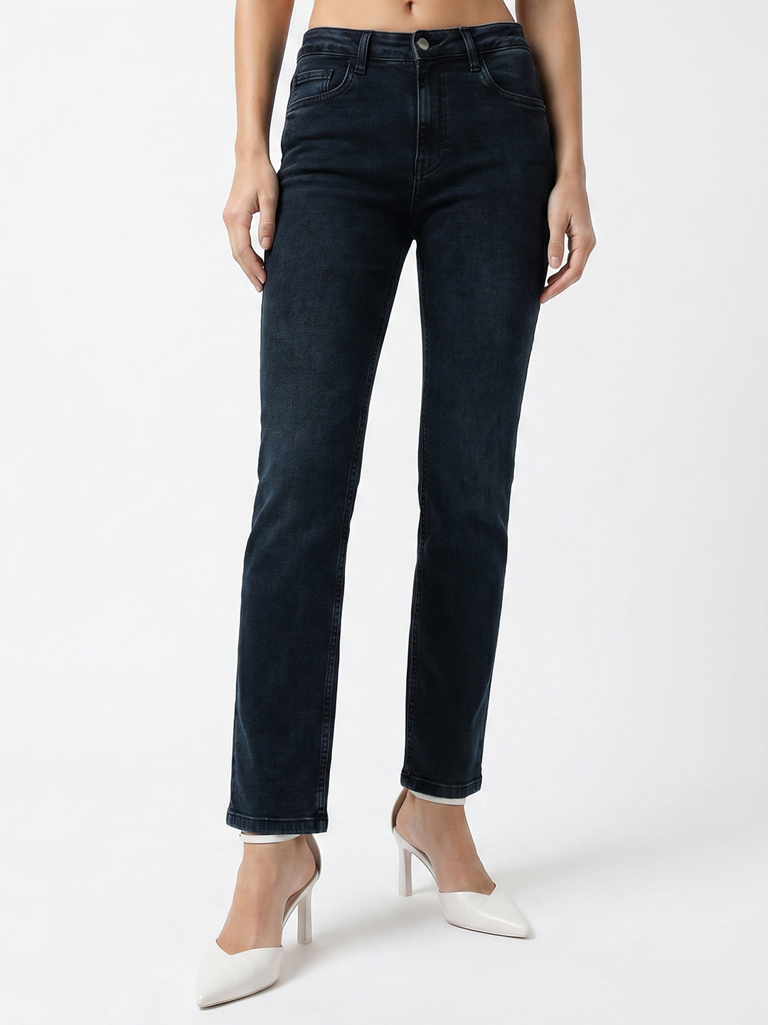 Women Slate Blue High-Rise Slim Straight Fit Jeans