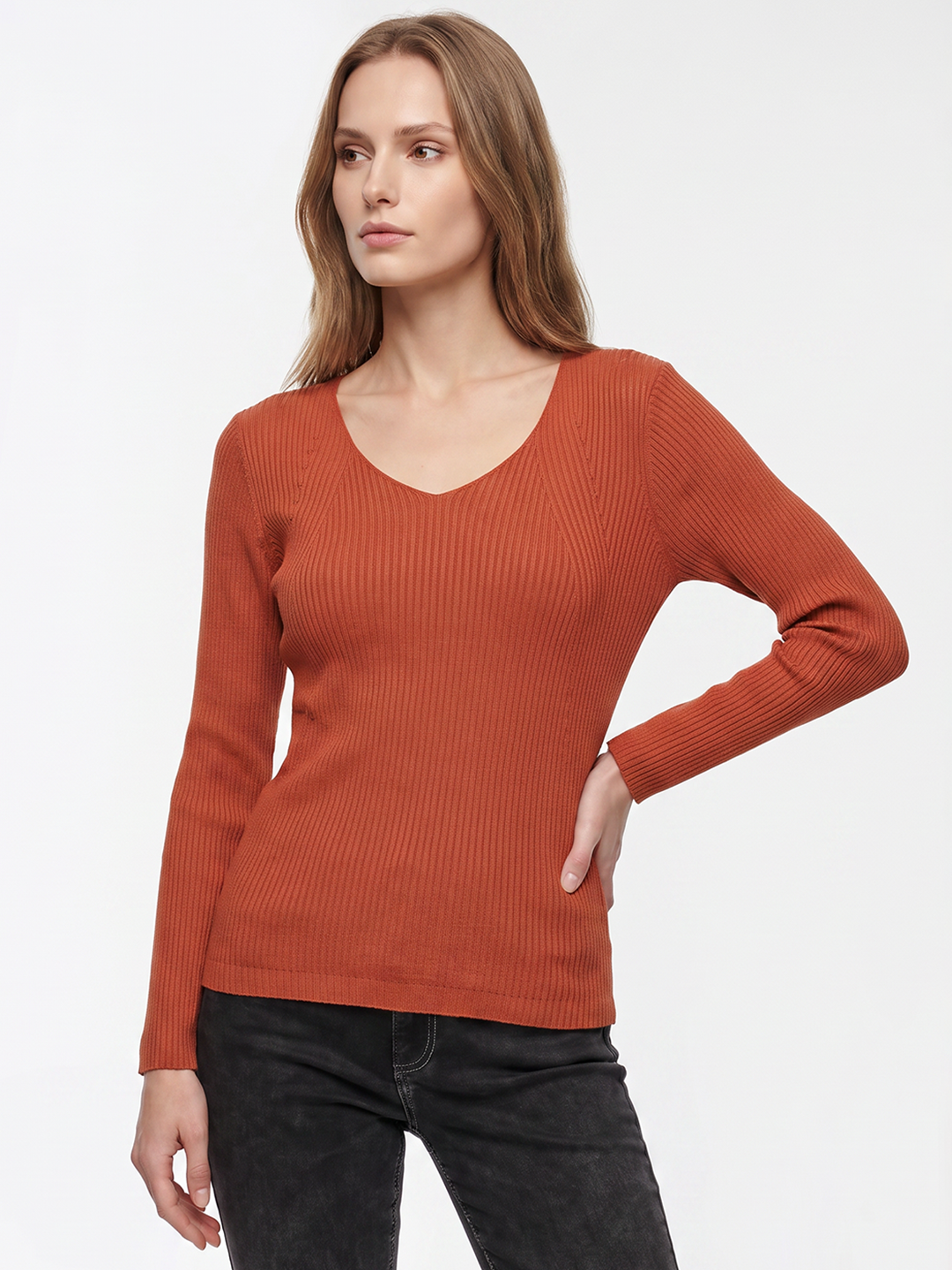 Women Burnt Orange Flat Knit