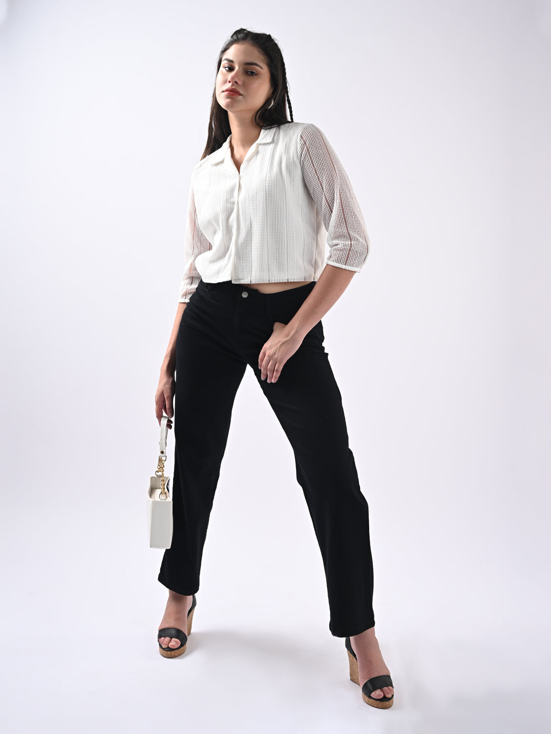 Women Self Design Three-Quarter Sleeves Off White Shirt