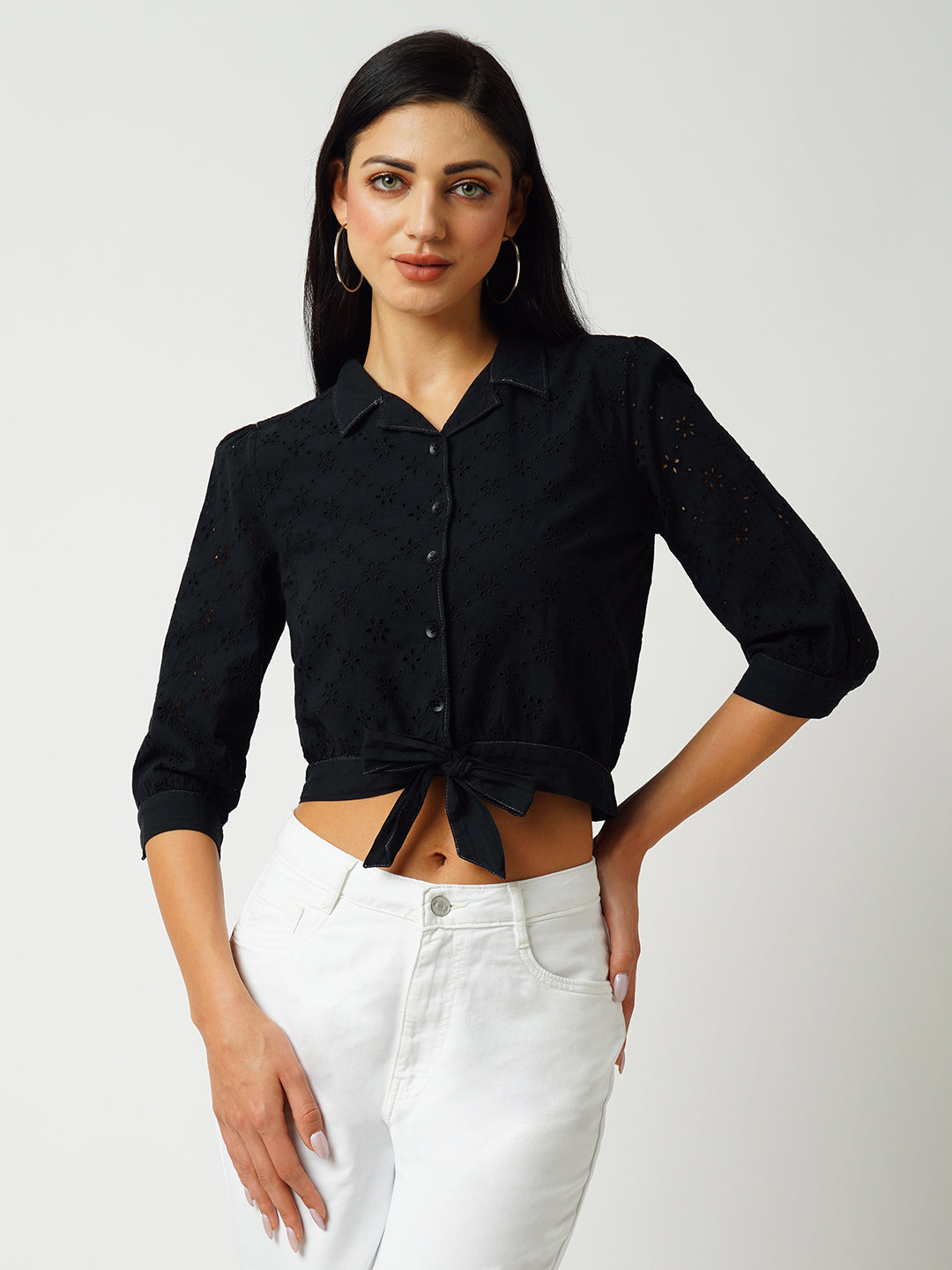 Women Black Schffli Crop Shirt