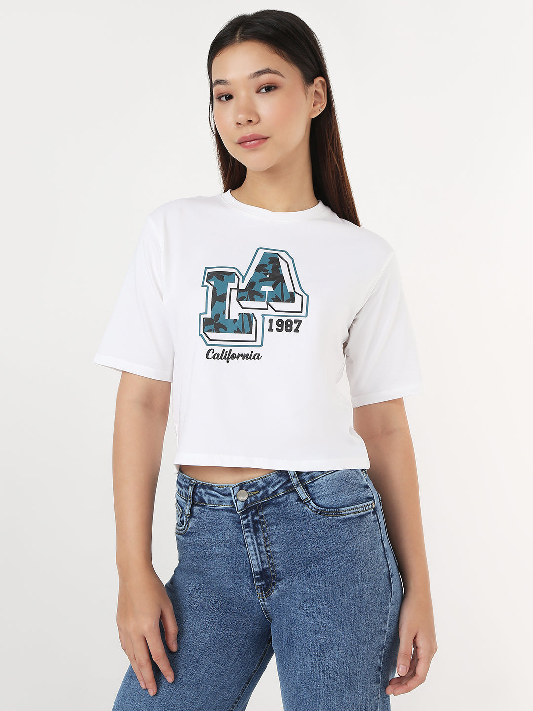 Women White Slim Crop Graphic T-Shirt