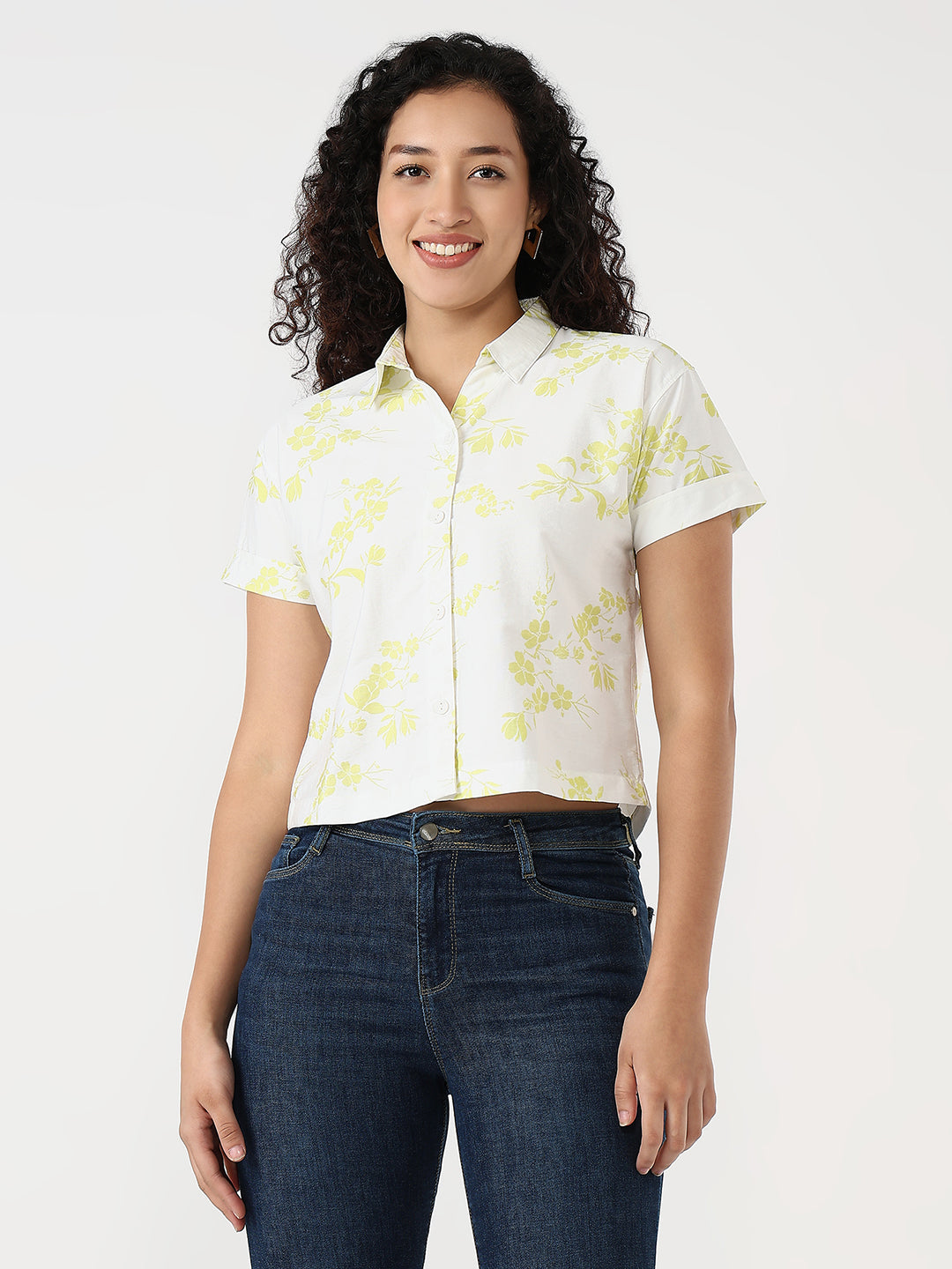 Women Lime/White Slim Crop Shirt