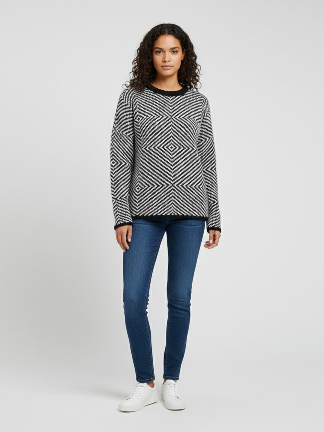 Women Black/White Slim Fit Sweater