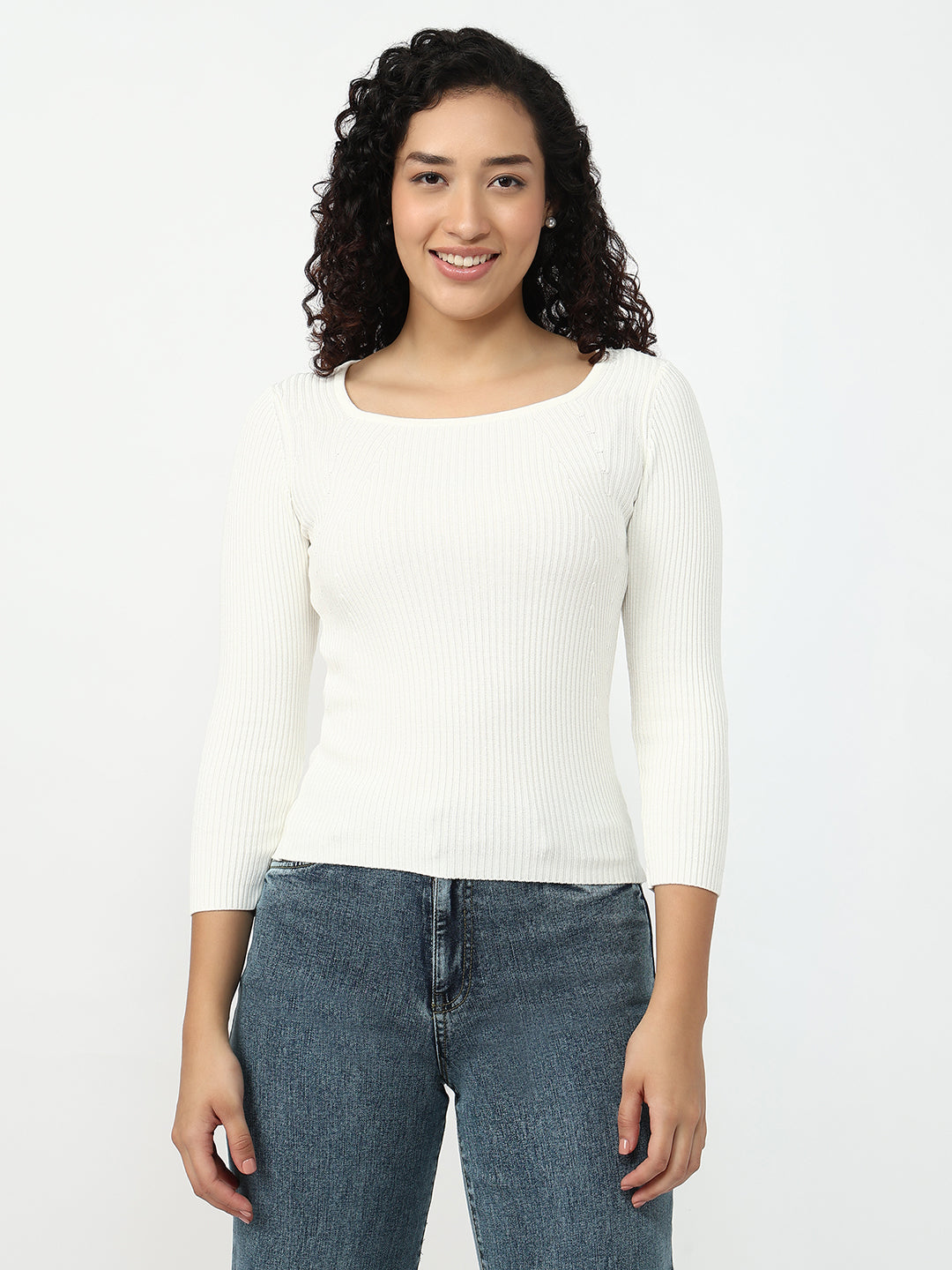Women Off White Slim Fit Flat Knit